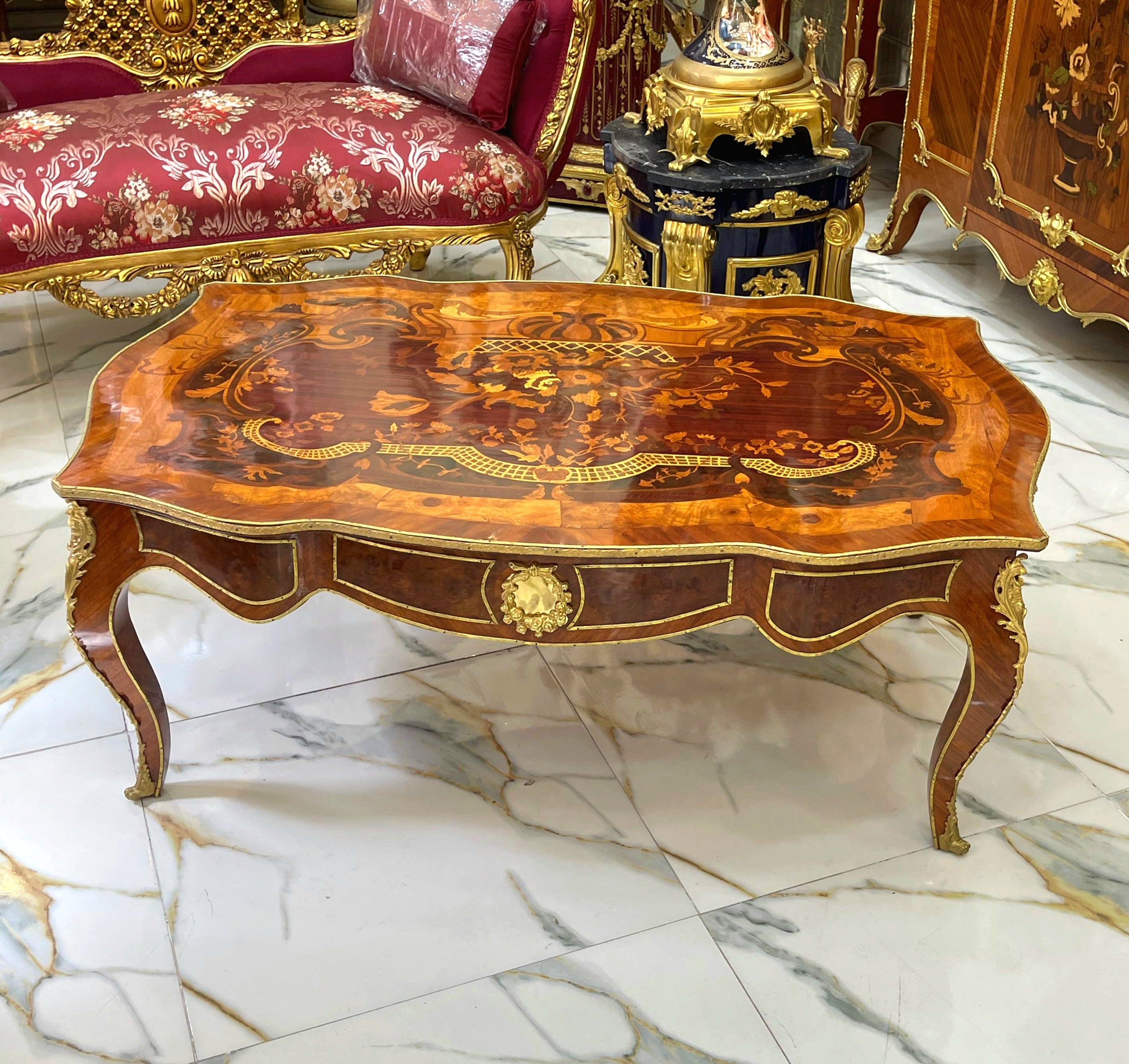 French Style Wooden Coffee Table – Copper Finish with Bronze Accents