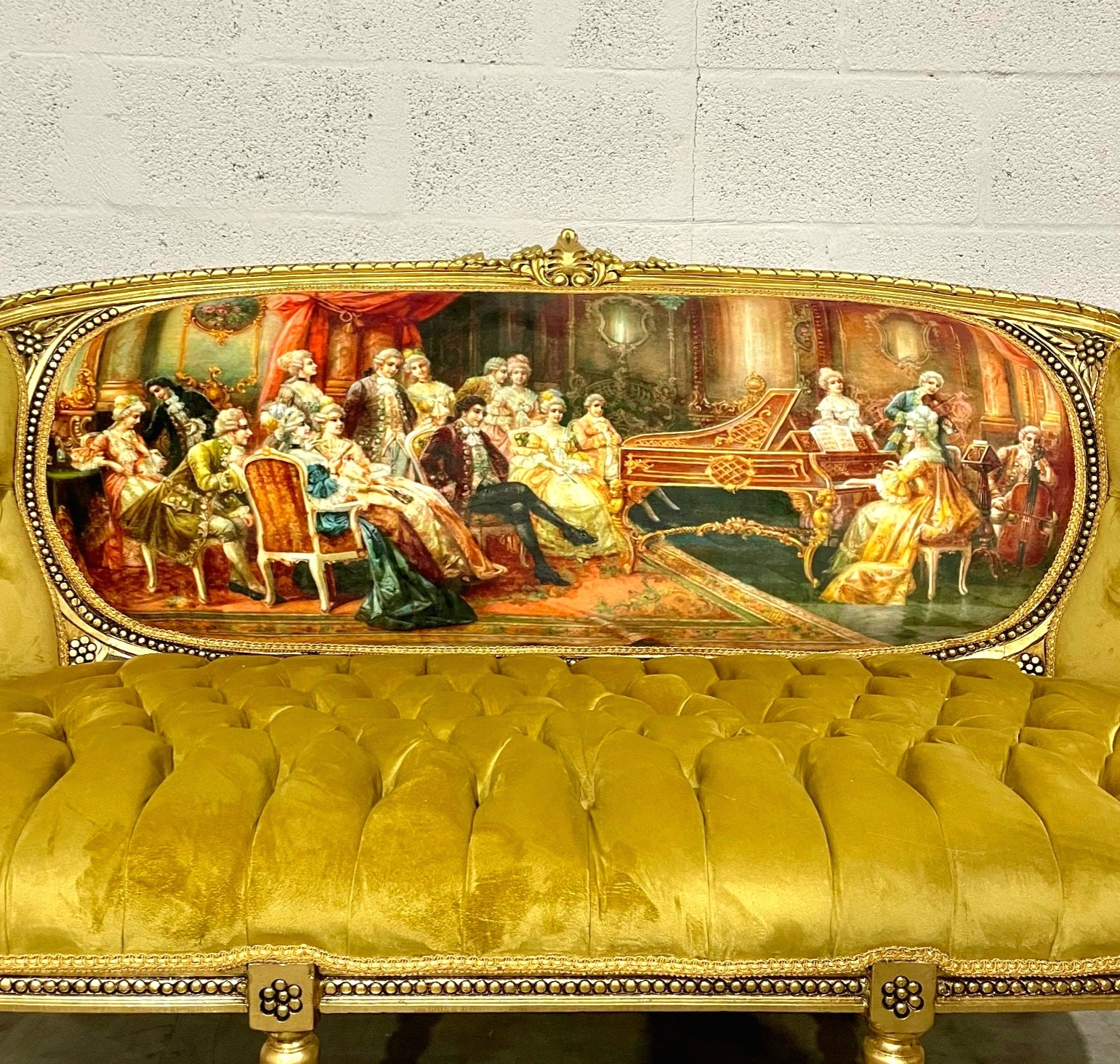French Tufted Mustard Sofa – Victorian Scene Upholstery, Gold Leaf, Baroque Style, Luxury Vintage French Furniture