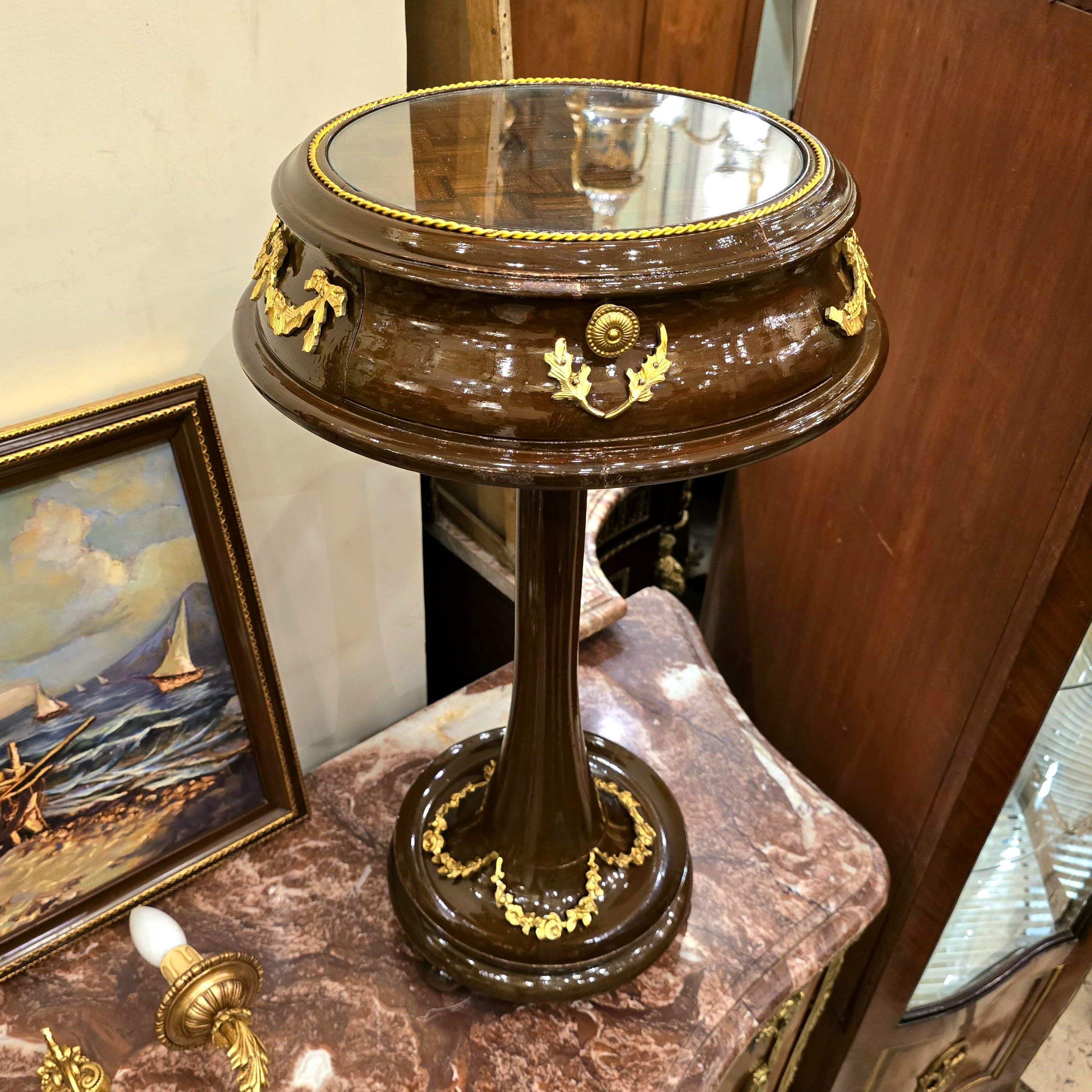 French Style Wood Side Table with Glass Top, Gold Leaf Details & Functional Drawer
