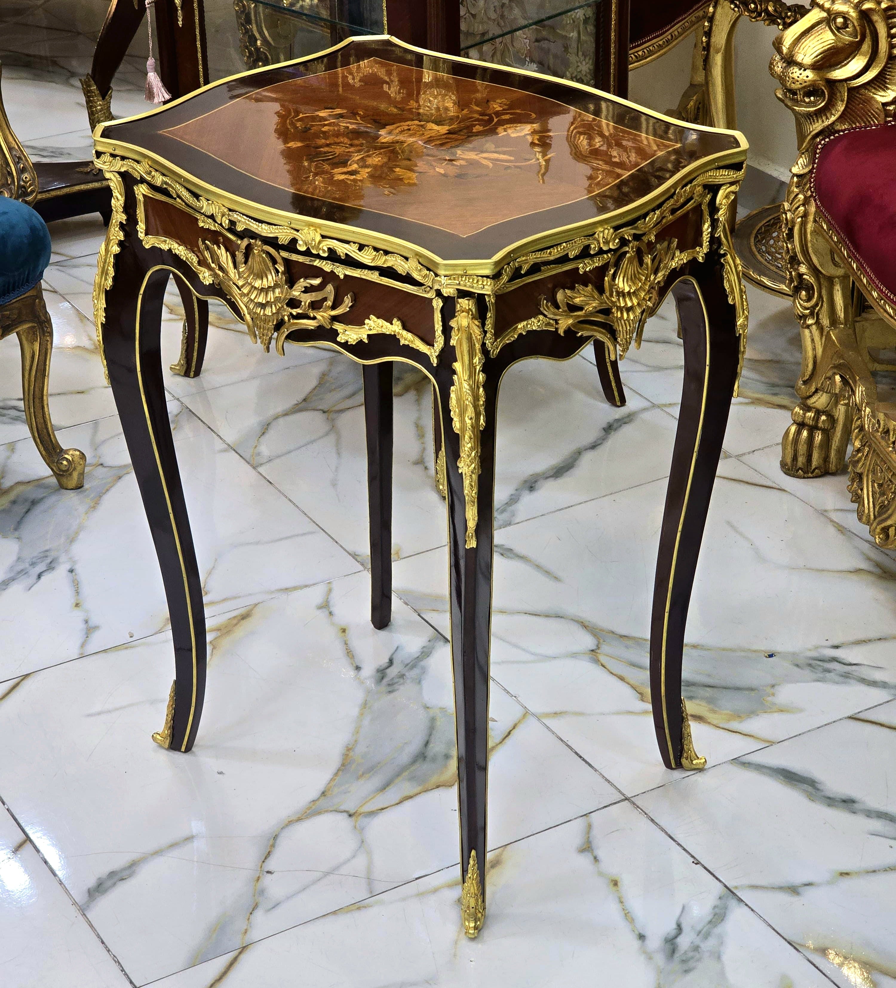 French Accent Side Table with Glass Top, Gold Leaf & Bronze Details