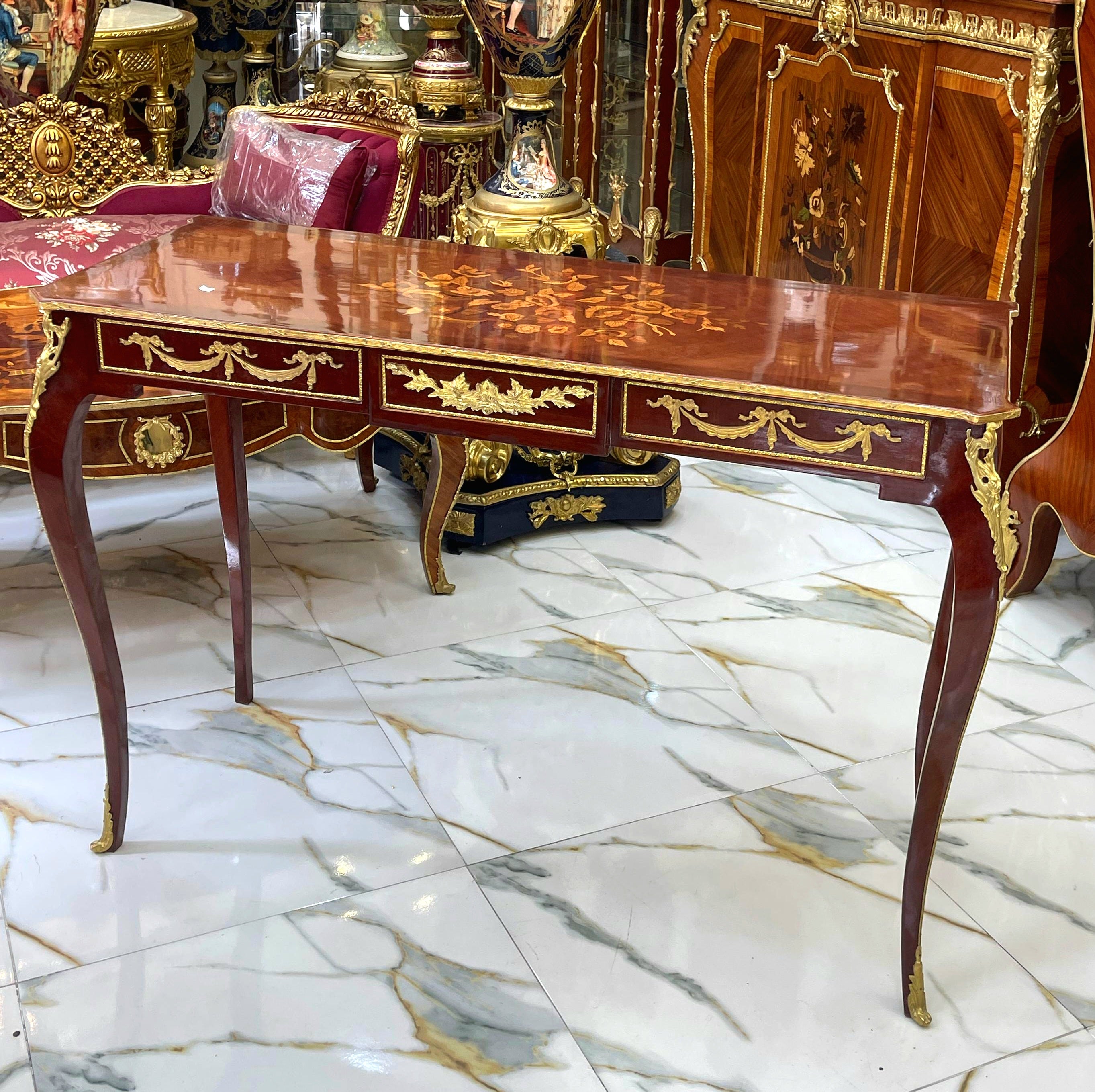 Elegant French Style Console Table or Desk – Handcrafted, Brown Finish with Gold Leaf, 35"H x 44"W x 15"D