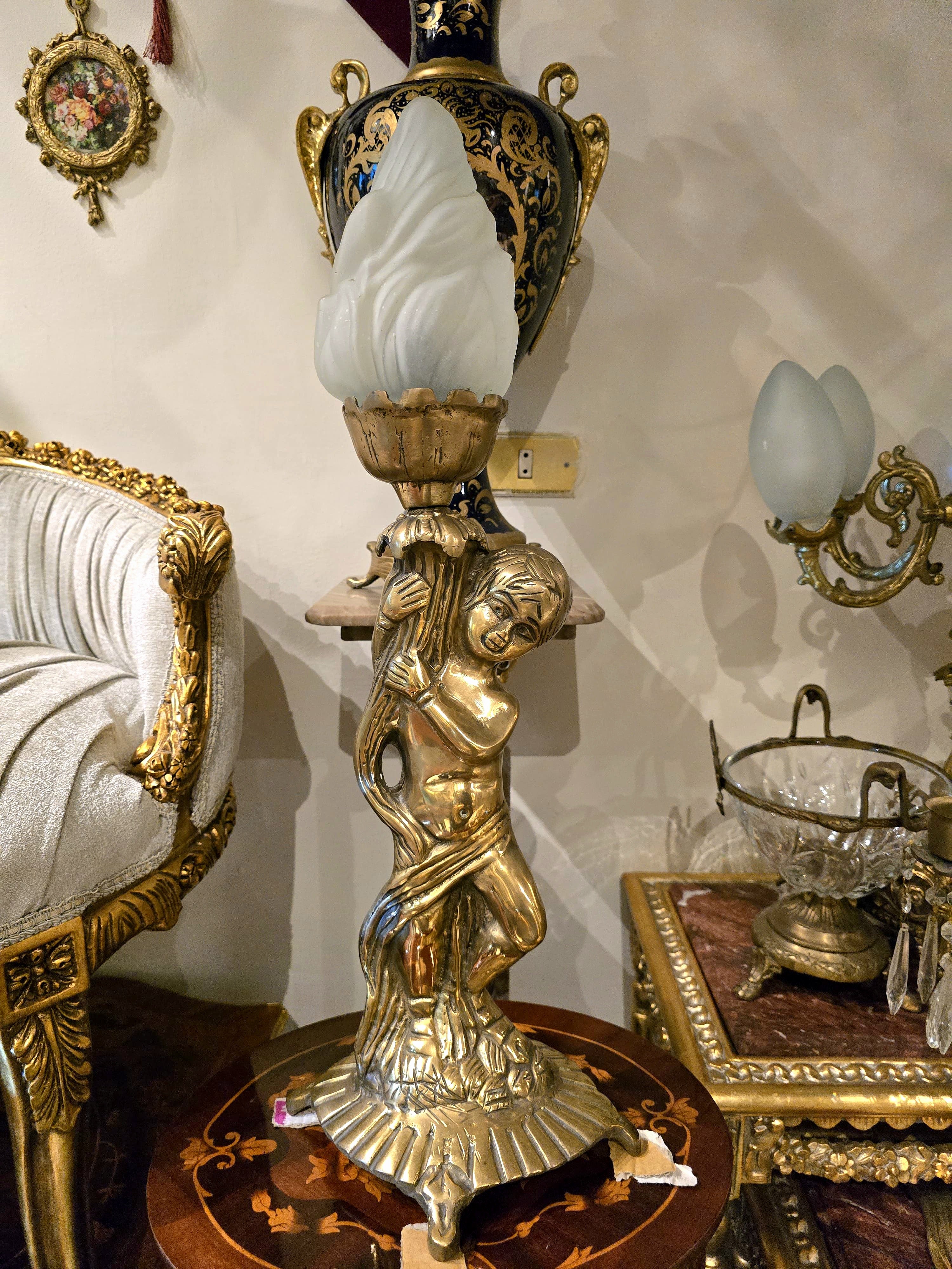 Rococo Style Cherub Table Lamp with Frosted Glass Flame Shade & Gilt Bronze Finish