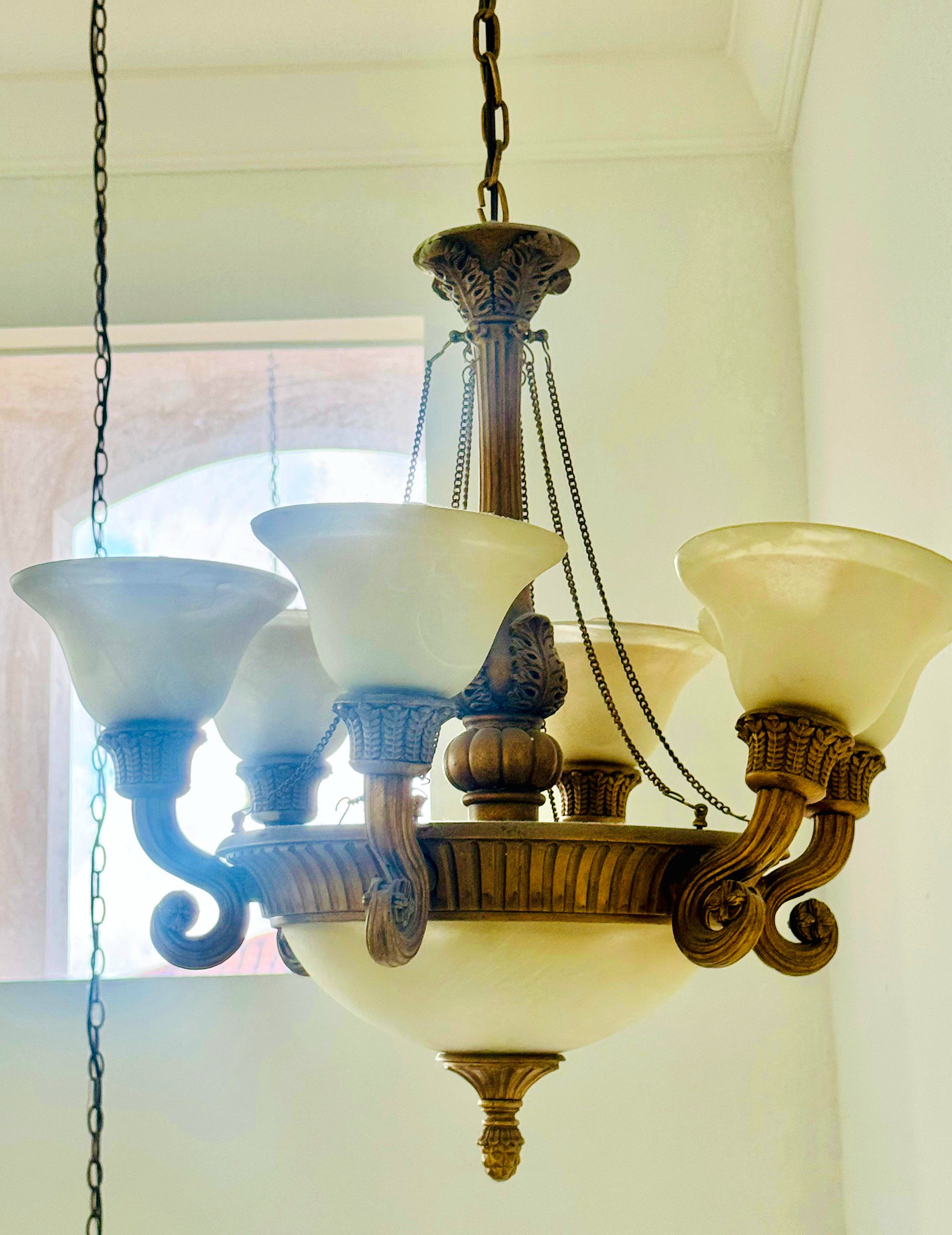 French Empire Vintage 26"H Set of 2 (ceiling to bottom 32”) Neoclassical Alabaster & Heavy Gilded Brass Chandelier 9 Bulbs