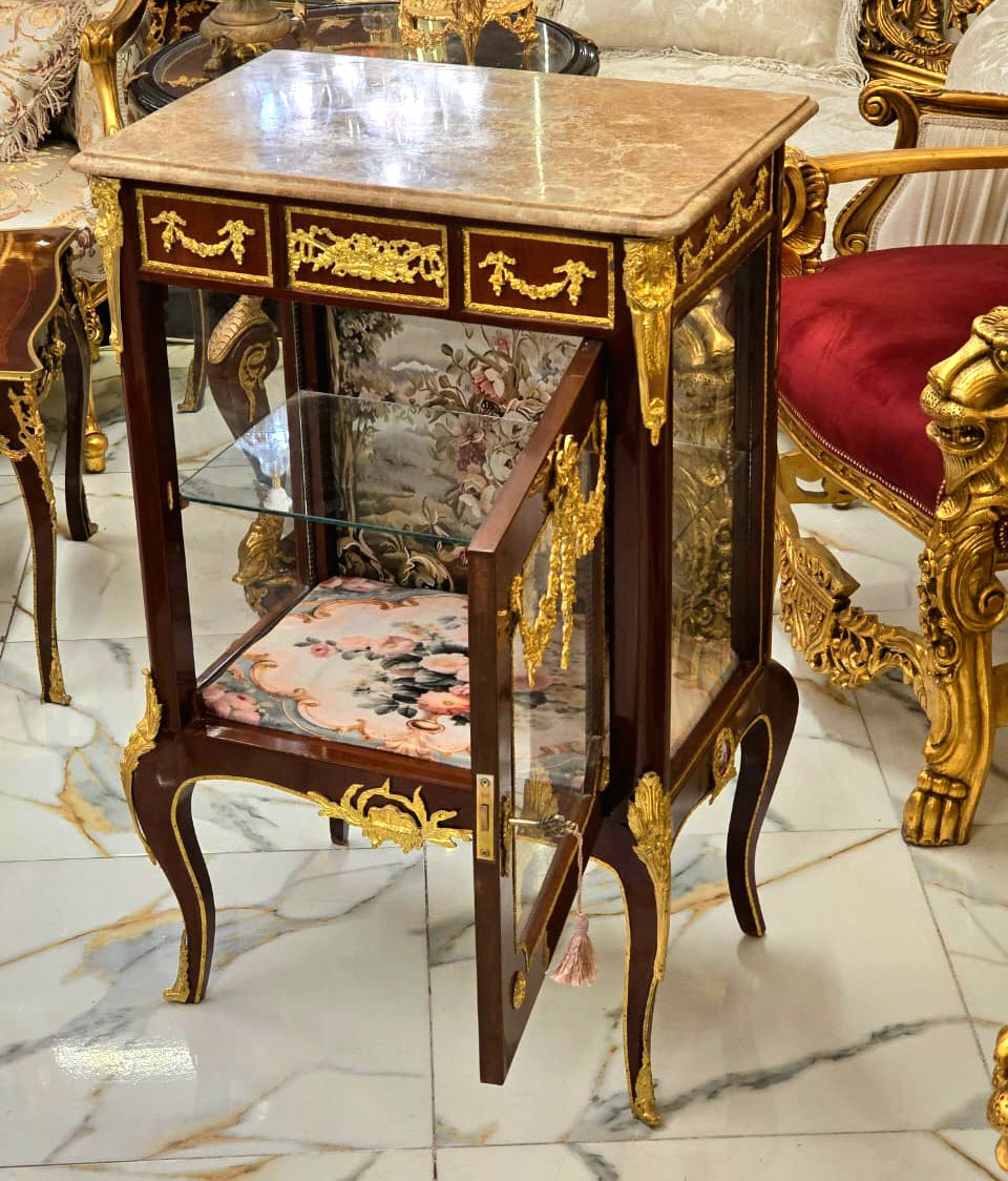 Louis XV Marquetry Bedside Cabinet with Floral Damask Interior & Marble Top