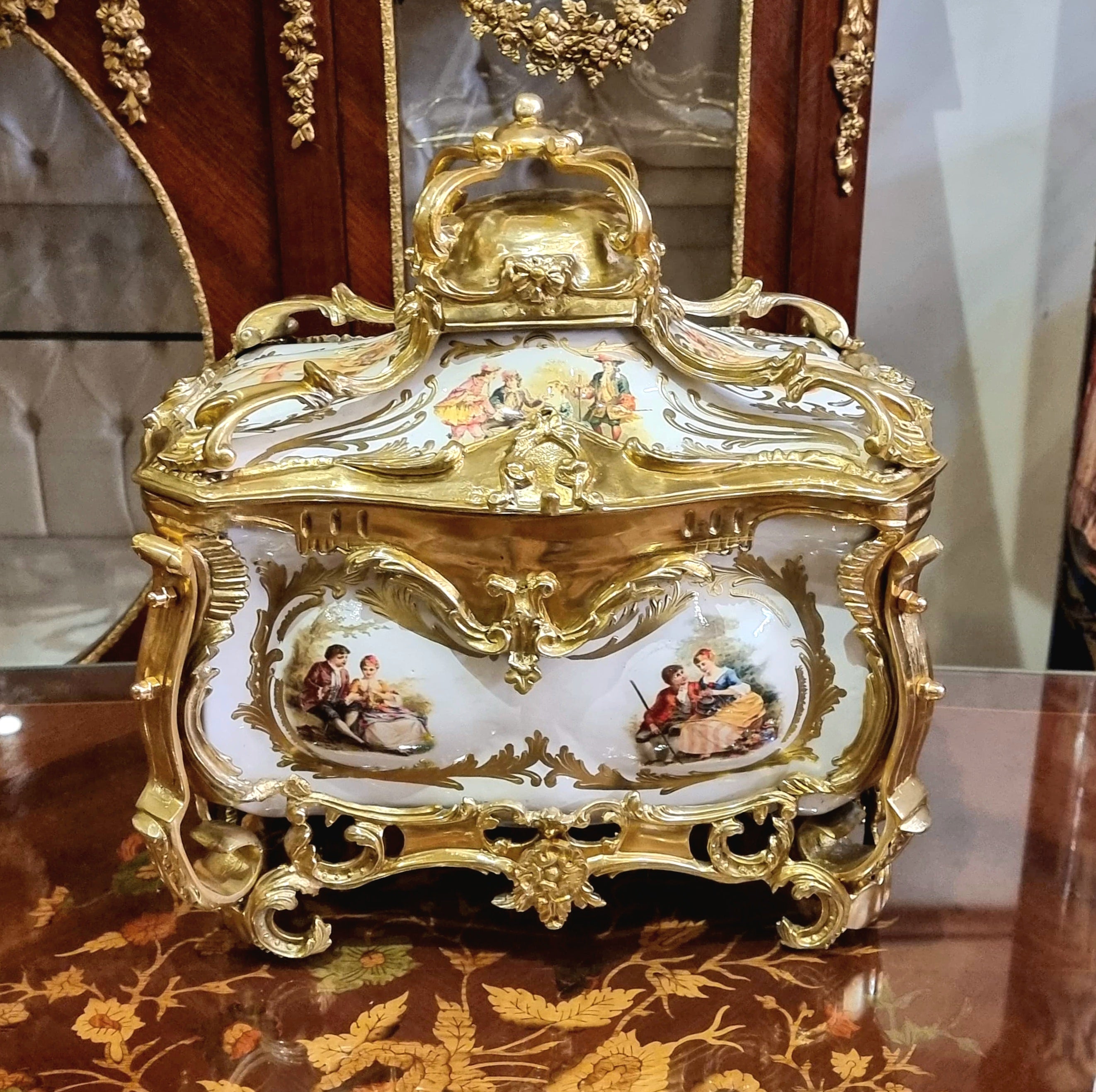 French Style Porcelain Jewelry Box with Gilt Bronze Ormolu Details