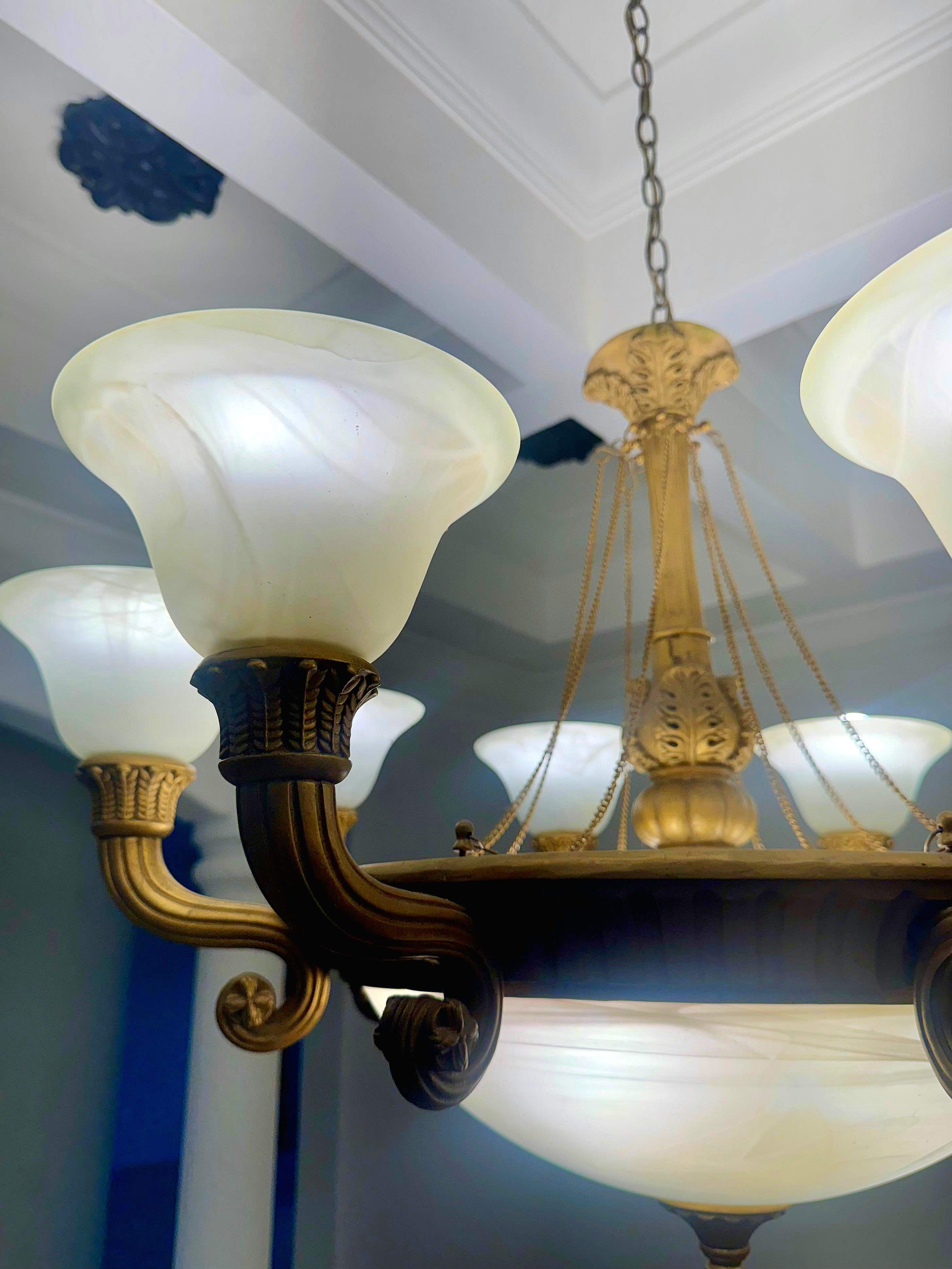 French Empire Vintage 36" Neoclassical Alabaster & Heavy Gilded Brass Chandelier 11 Bulbs