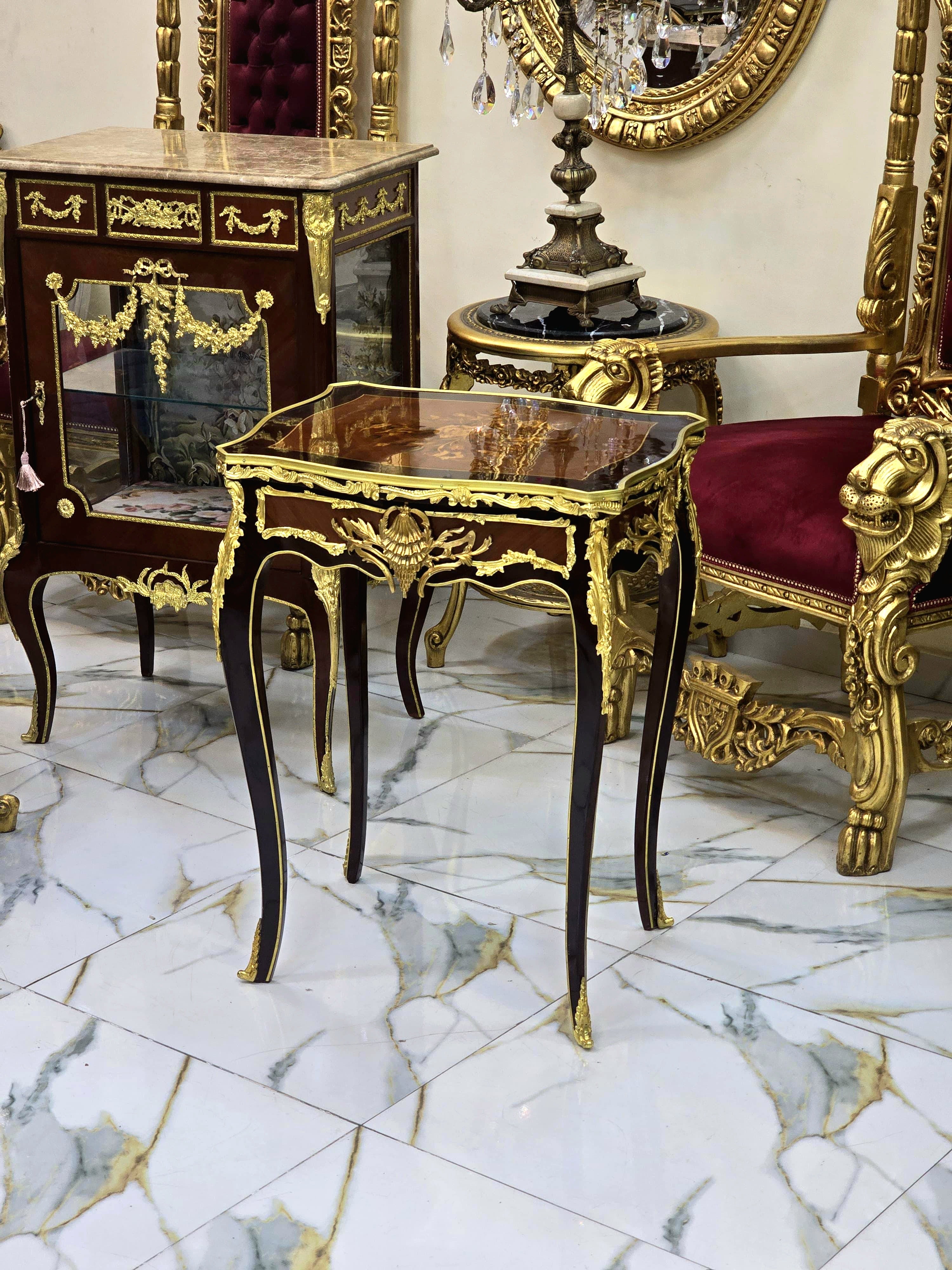 French Accent Side Table with Glass Top, Gold Leaf & Bronze Details