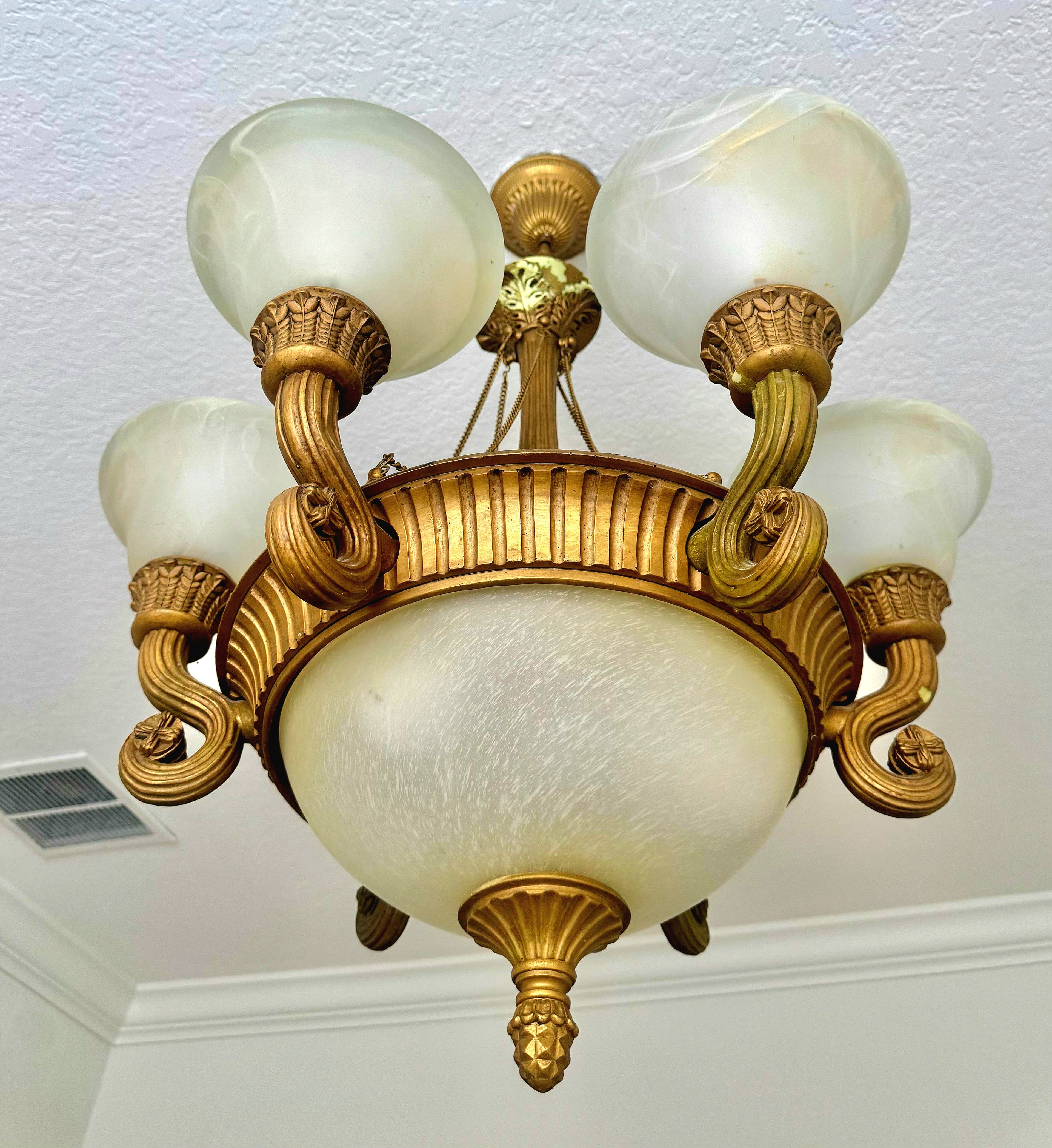 French Empire Vintage 26"H Set of 2 (ceiling to bottom 32”) Neoclassical Alabaster & Heavy Gilded Brass Chandelier 9 Bulbs