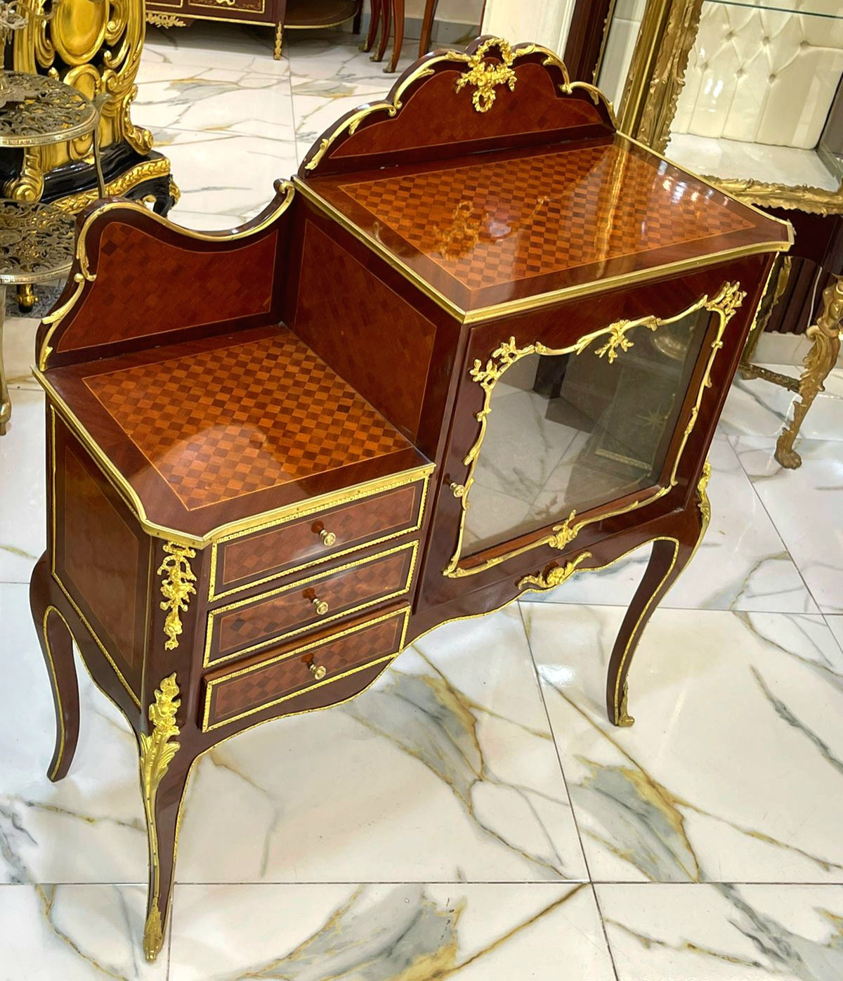 Louis XV Style Marquetry Bedside Cabinet with 3 Drawers and Glass Door
