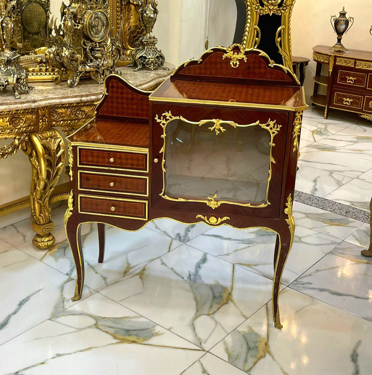 Louis XV Style Marquetry Bedside Cabinet with 3 Drawers and Glass Door