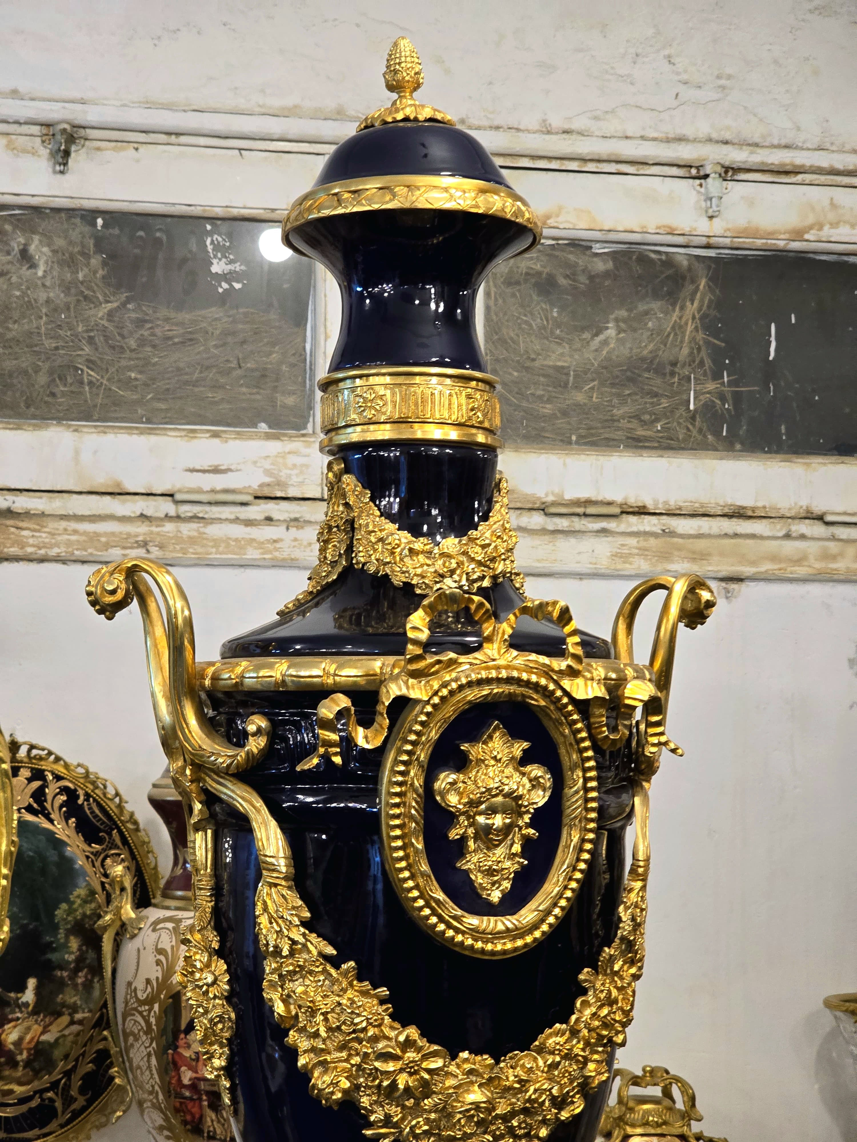 Grand Sevres-Style Midnight Blue Porcelain Vase on Pedestal with Gold Leaf & Bronze Details