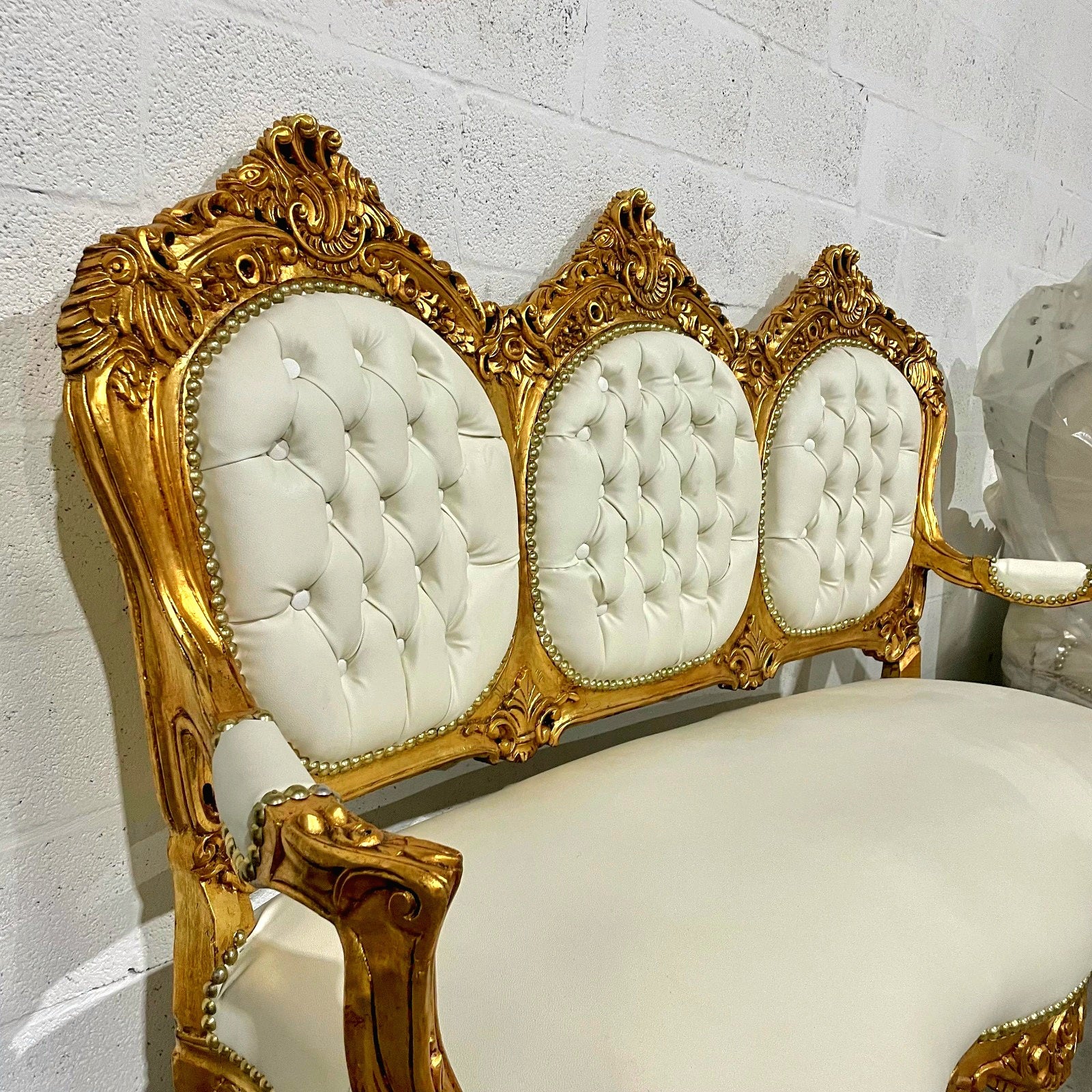 White Leather French Rococo Sofa – Gold Leaf Frame, Victorian Style Luxury Statement Piece