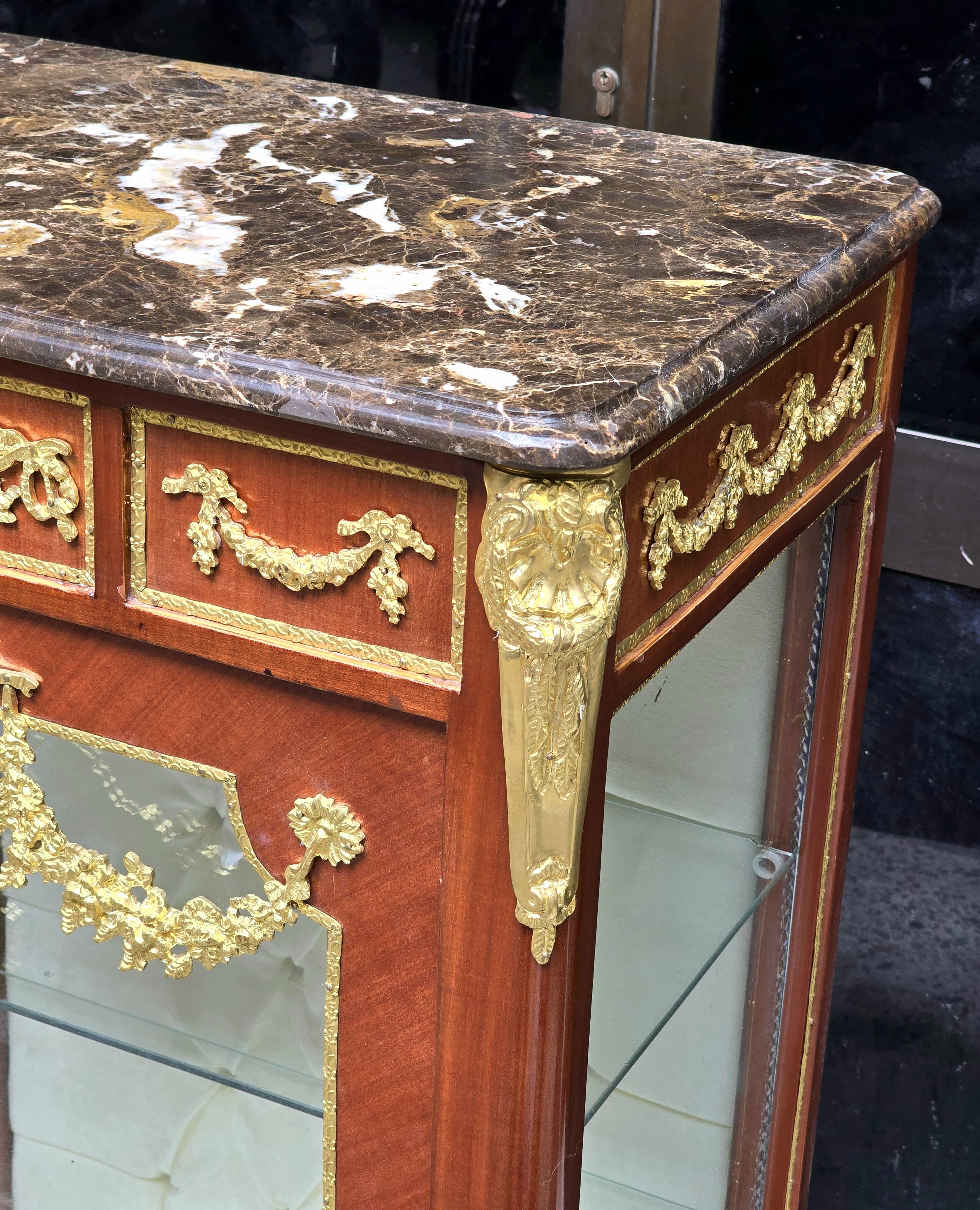 Louis XV Marquetry Bedside Cabinet with Glass Door, Marble Top & Gold Accents