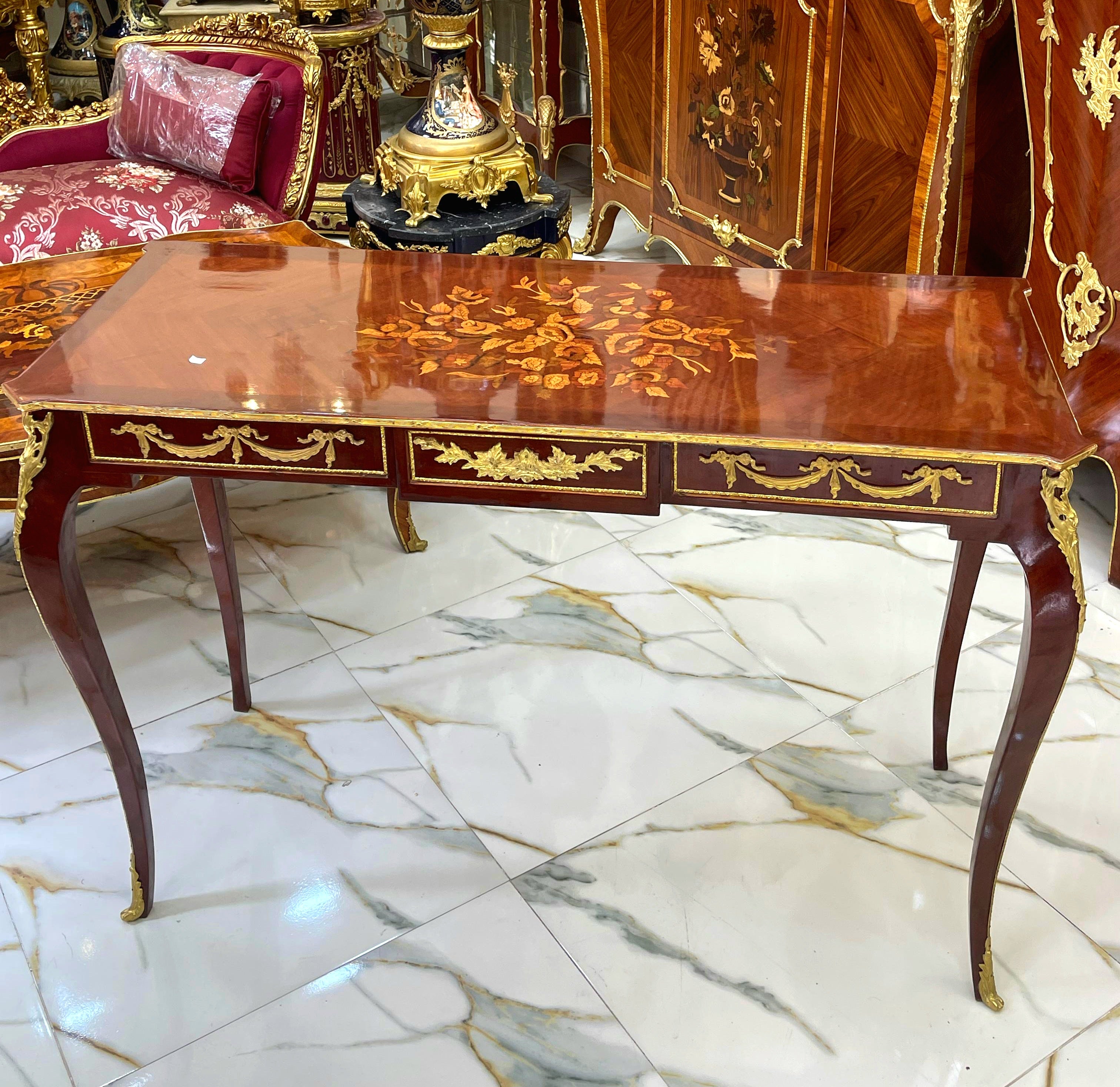 Elegant French Style Console Table or Desk – Handcrafted, Brown Finish with Gold Leaf, 35"H x 44"W x 15"D