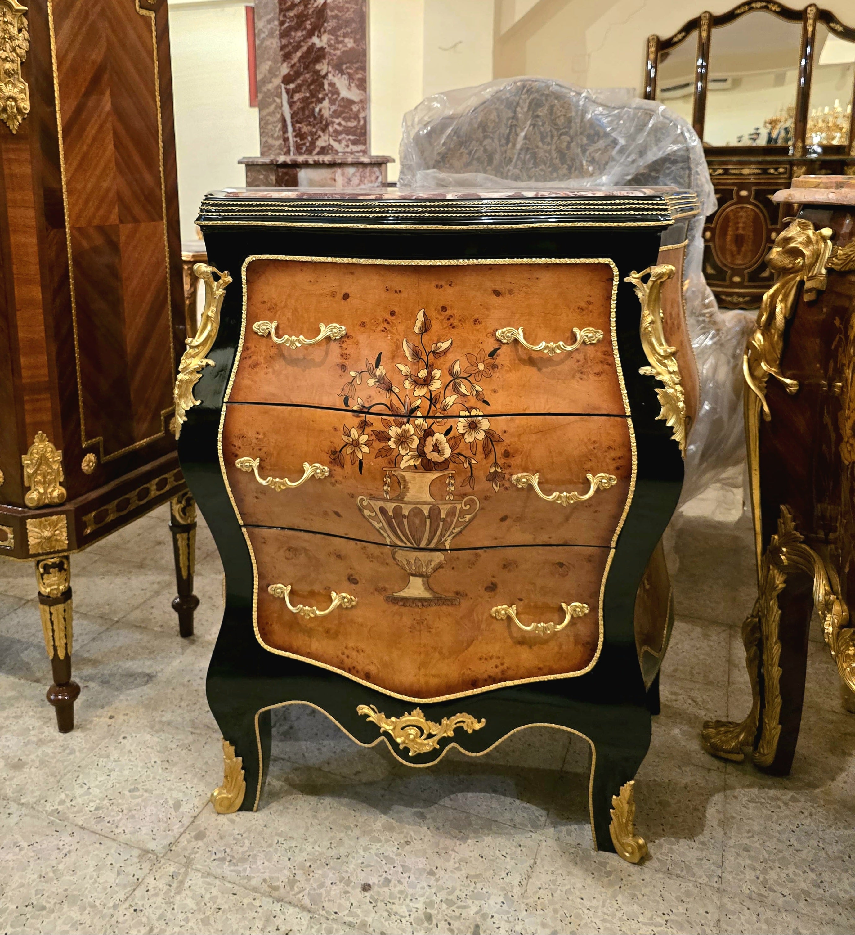 French Rococo Commode Chest with Floral Marquetry, Marble Top & Gold Leaf Details