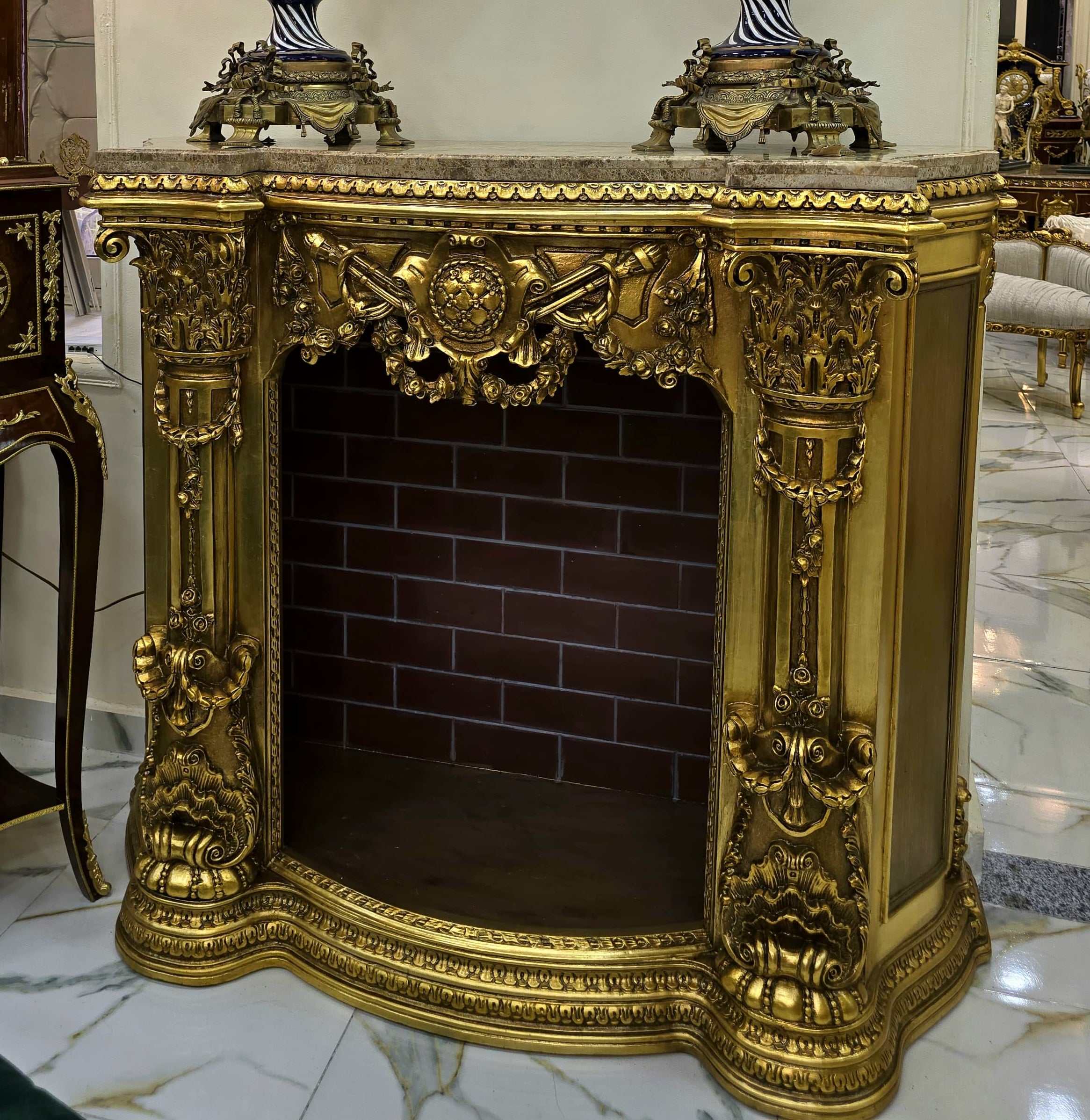 Ornate French Style Fireplace Cabinet with Marble Top & Gold Leaf Accents