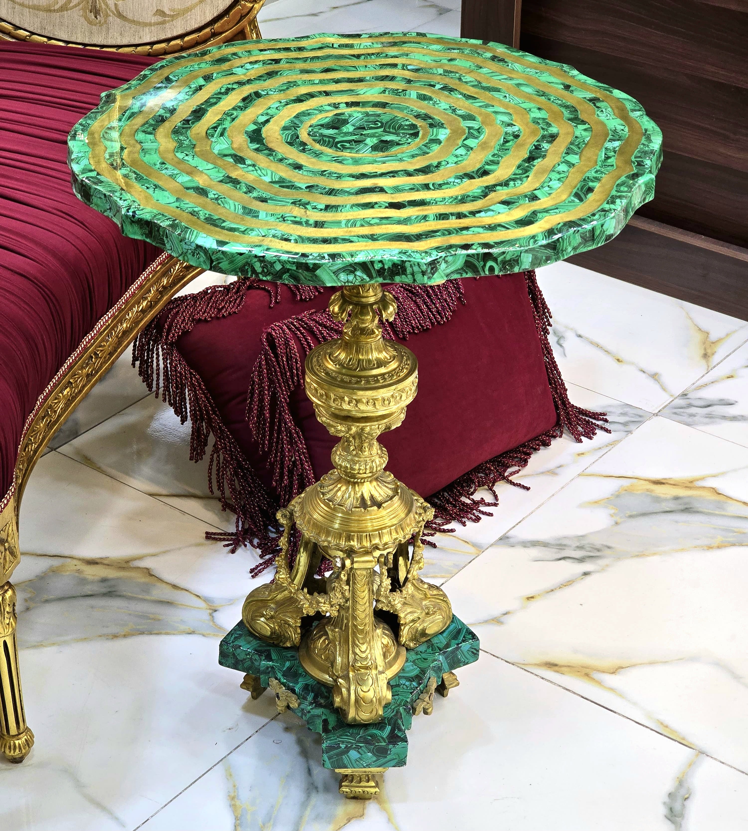 Luxury Green Rococo Side Table with Gold Leaf Details & Sculpted Spiral Top Design