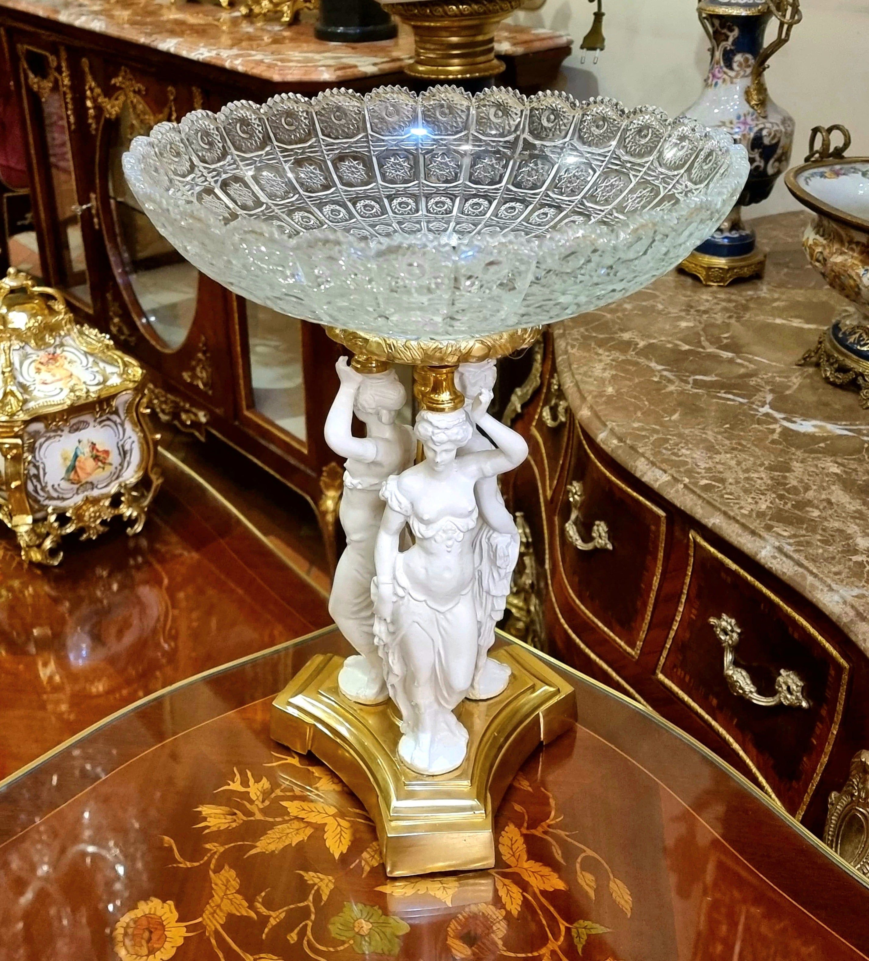 French Classical Crystal Centerpiece Bowl with Figural Ladies Base & Gilt Accents