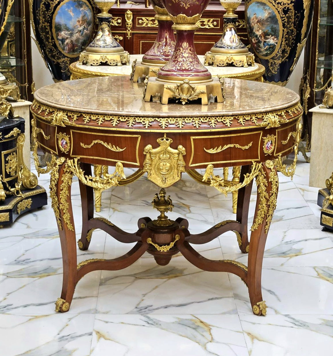 Victorian French Style Center Table – Wood Base with Gold Leaf Details & Glass Top, Marble Look Design