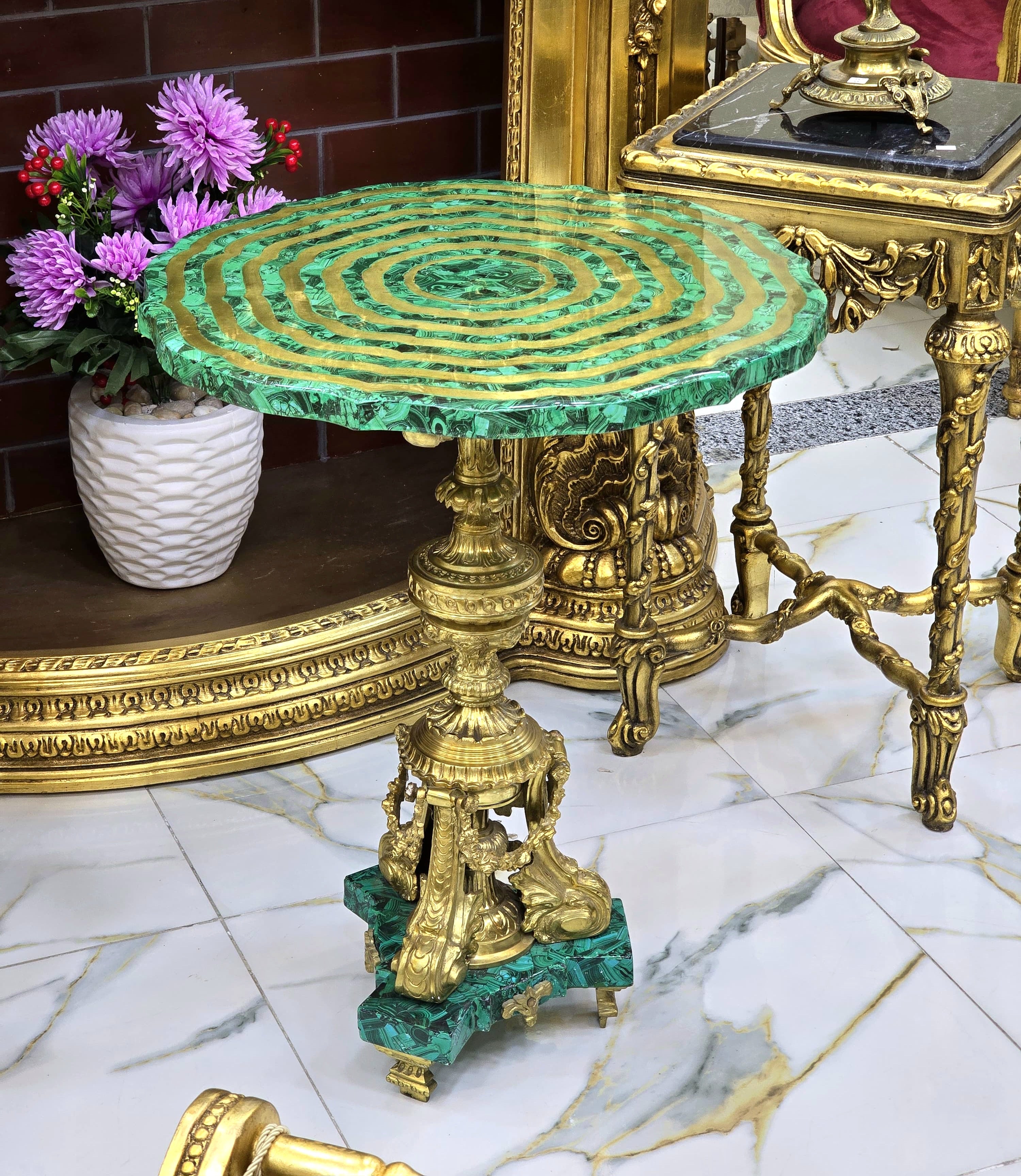 Luxury Green Rococo Side Table with Gold Leaf Details & Sculpted Spiral Top Design