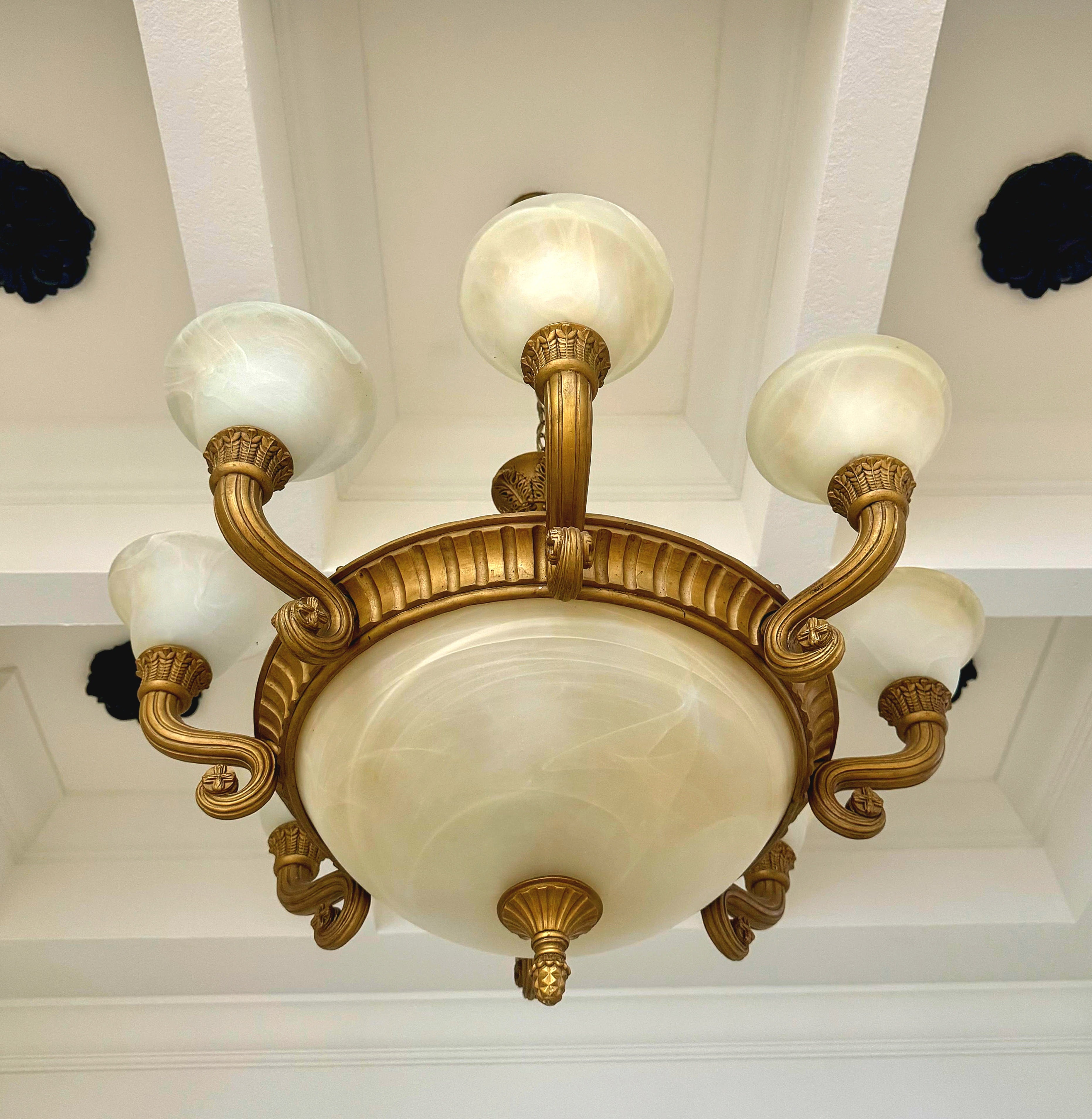 French Empire Vintage 36" Neoclassical Alabaster & Heavy Gilded Brass Chandelier 11 Bulbs