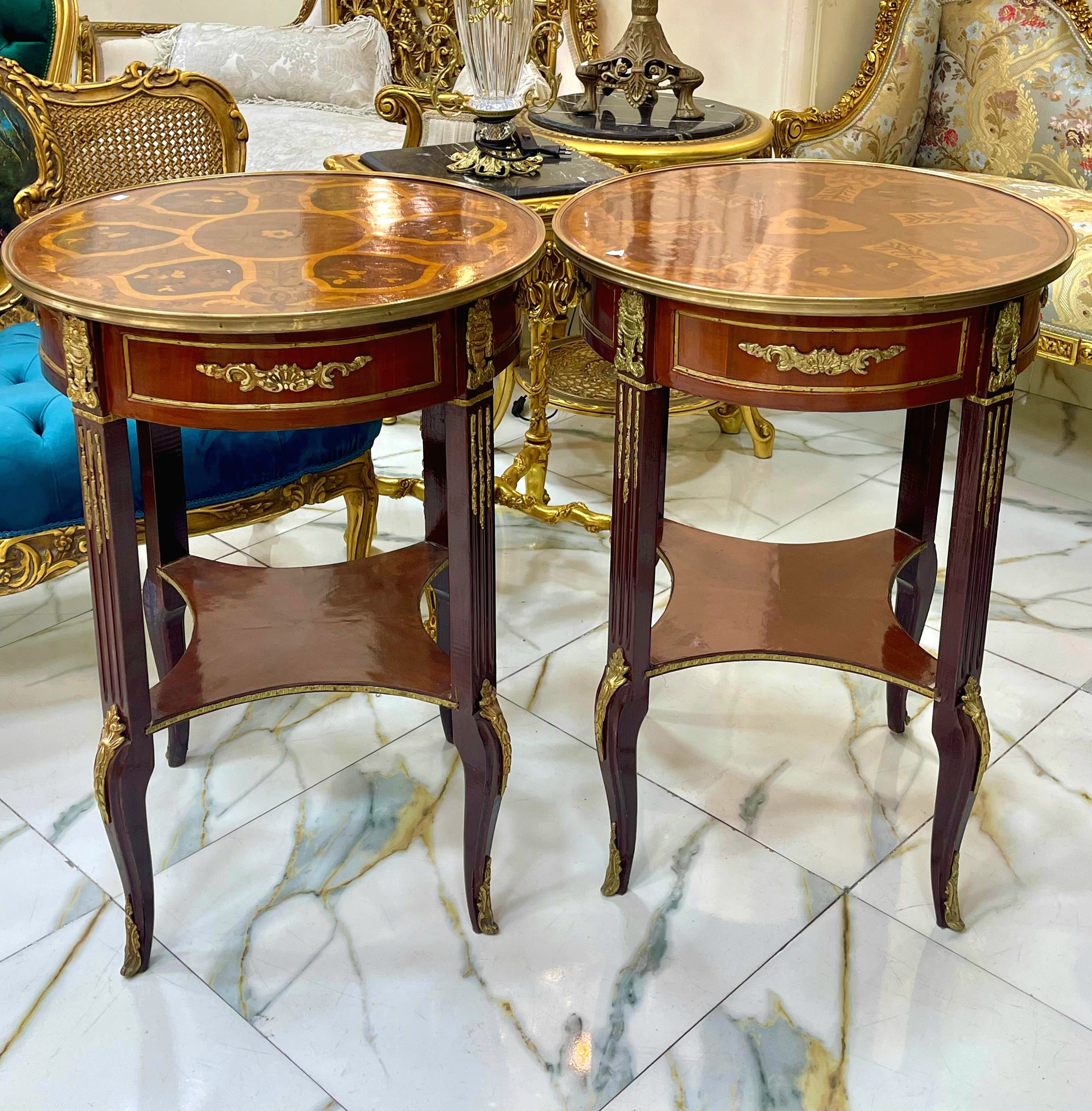 French Style Wood Side Table – Copper Finish with Gold Leaf Accents, Elegant Design