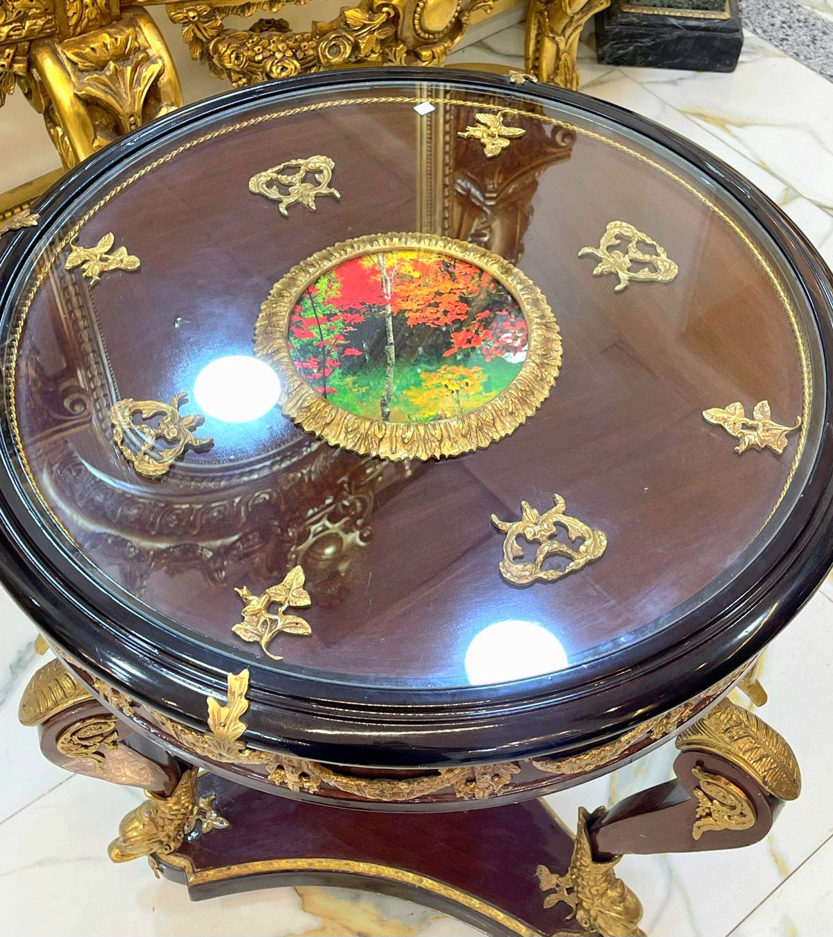 French Style Wood Side Table with Glass Top, Gold Leaf Details & Decorative Artwork