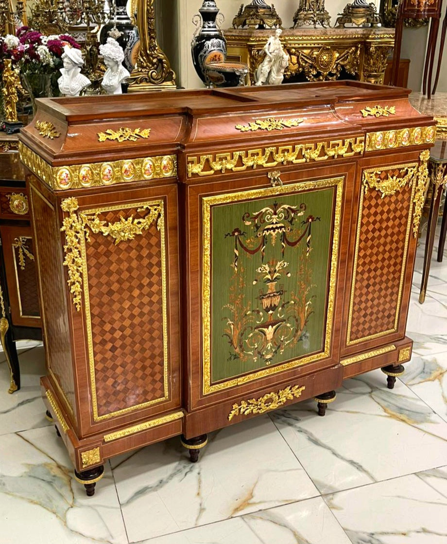 Antique French Louis XVI Brown Commode – Marble Top, Marquetry & Gold Leaf Cabinet