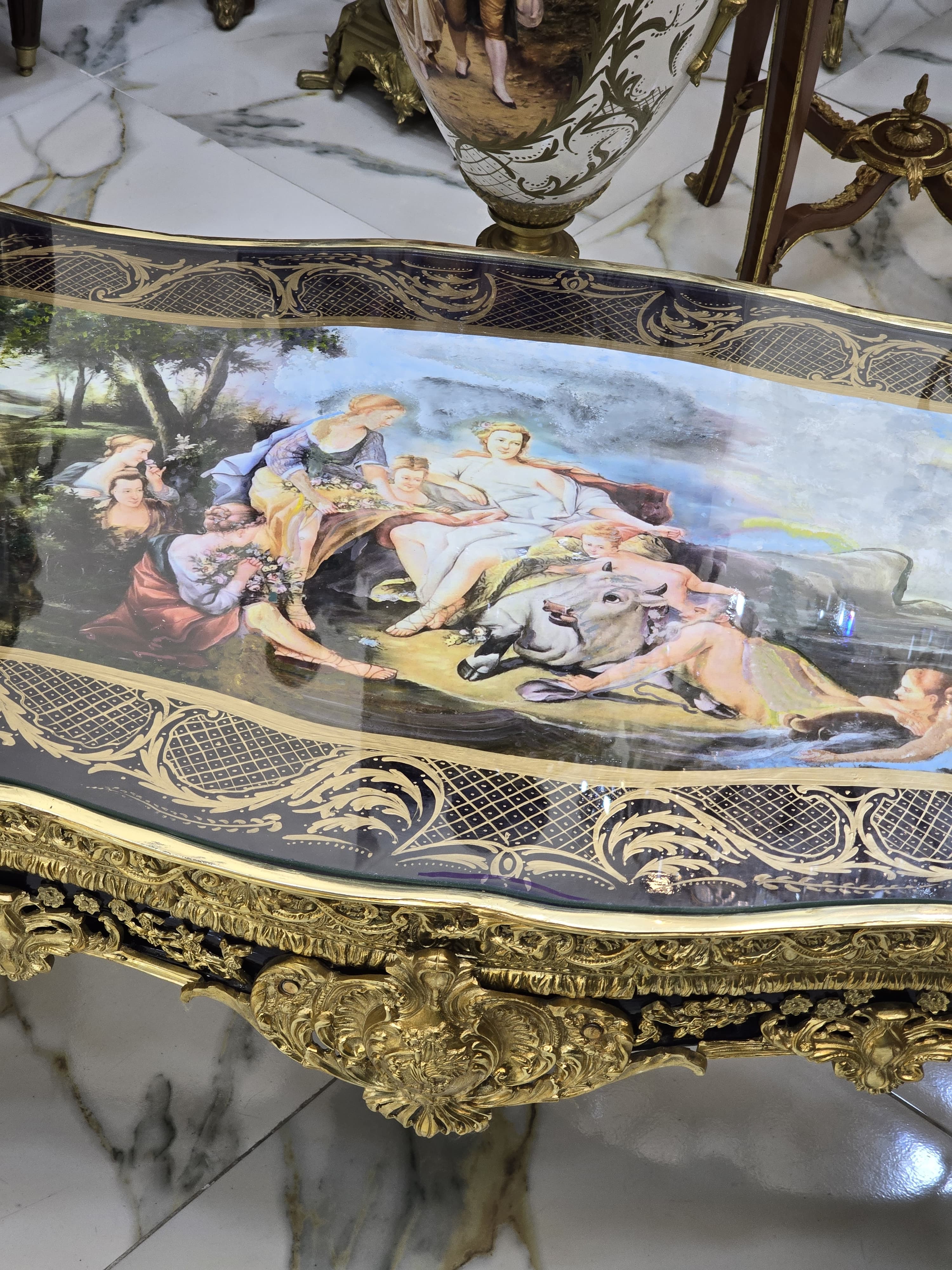 Monumental French Rococo Coffee Table with Hand-Painted Artwork Under Glass & Gilded Bronze Details