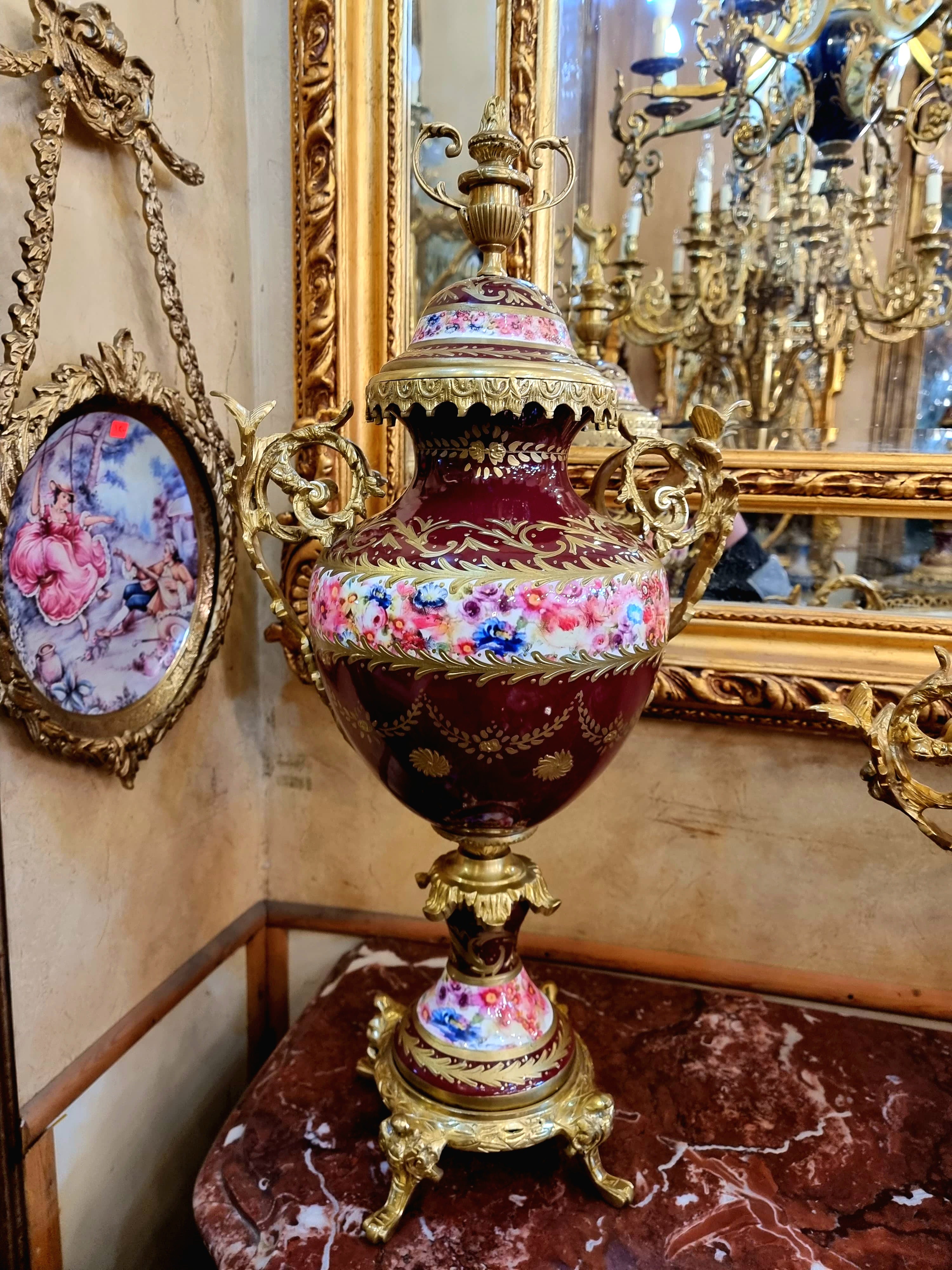 French Louis XV Style Porcelain Garniture Set with Decorative Centerpiece & Matching Floral Vases – 3 Pieces