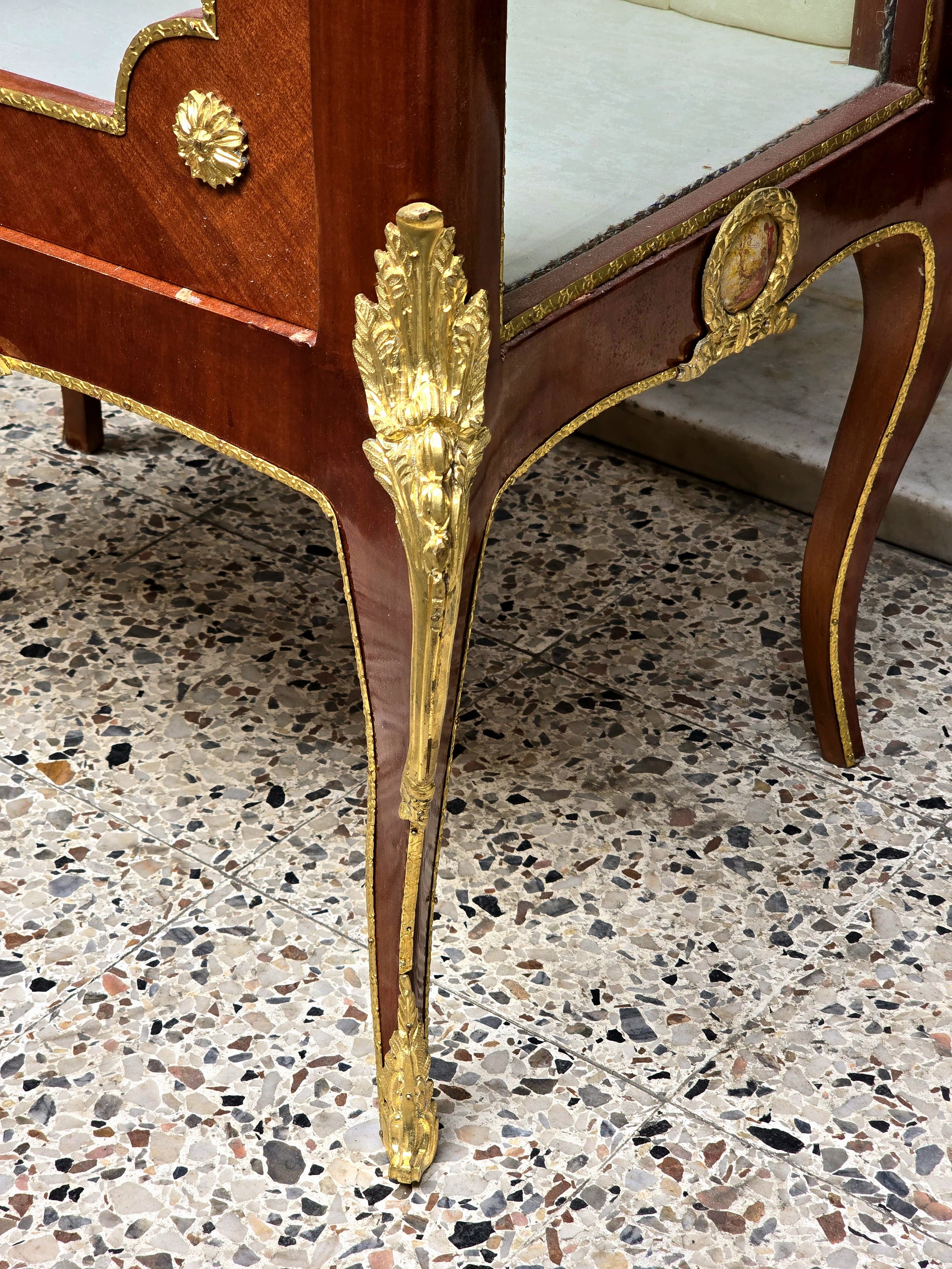 Louis XV Marquetry Bedside Cabinet with Glass Door, Marble Top & Gold Accents