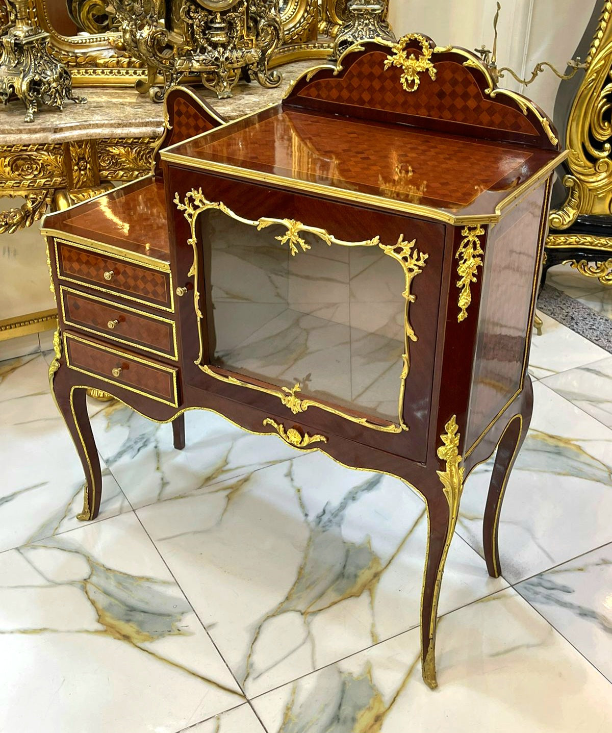 Louis XV Style Marquetry Bedside Cabinet with 3 Drawers and Glass Door