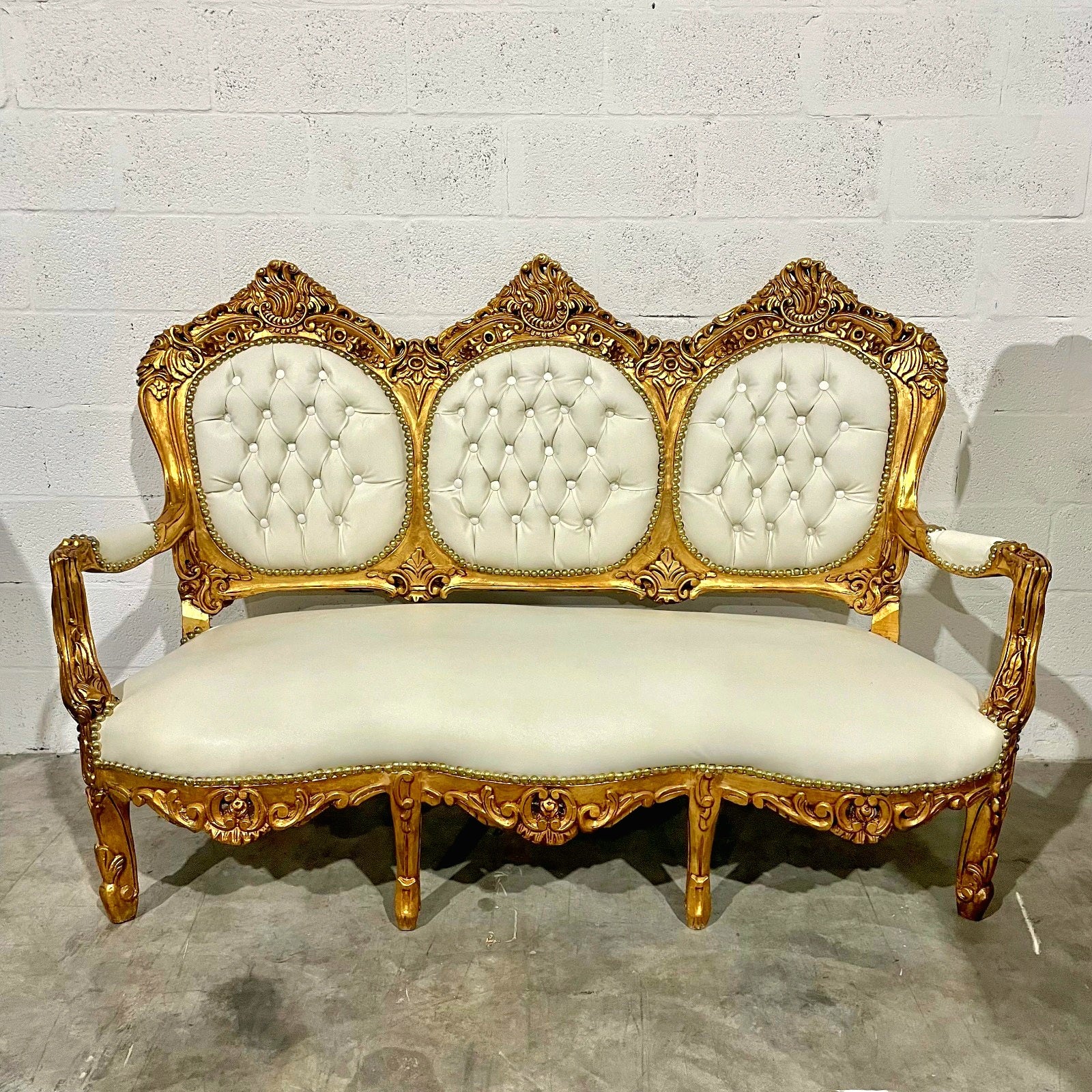 White Leather French Rococo Sofa – Gold Leaf Frame, Victorian Style Luxury Statement Piece
