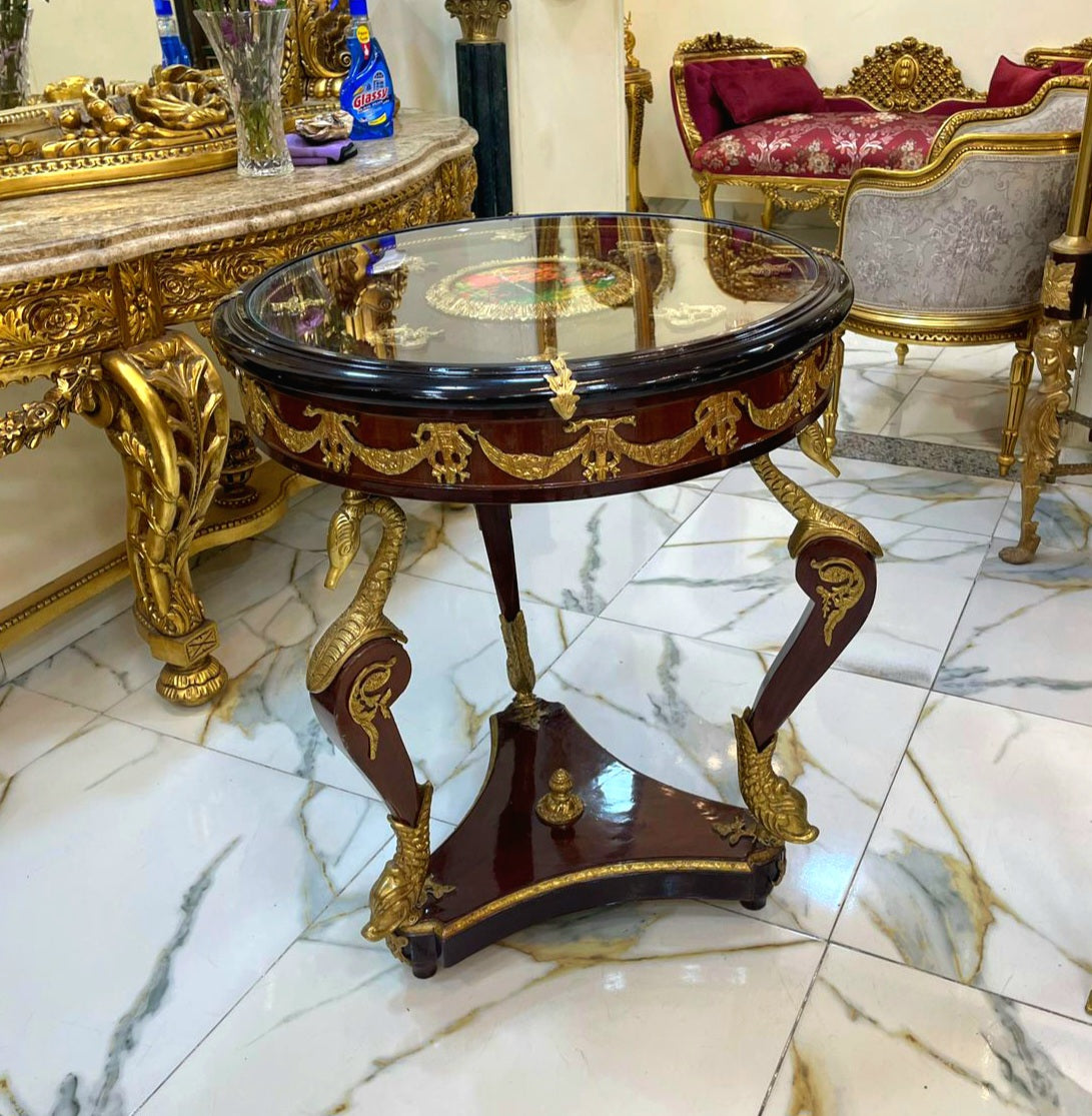French Style Wood Side Table with Glass Top, Gold Leaf Details & Decorative Artwork