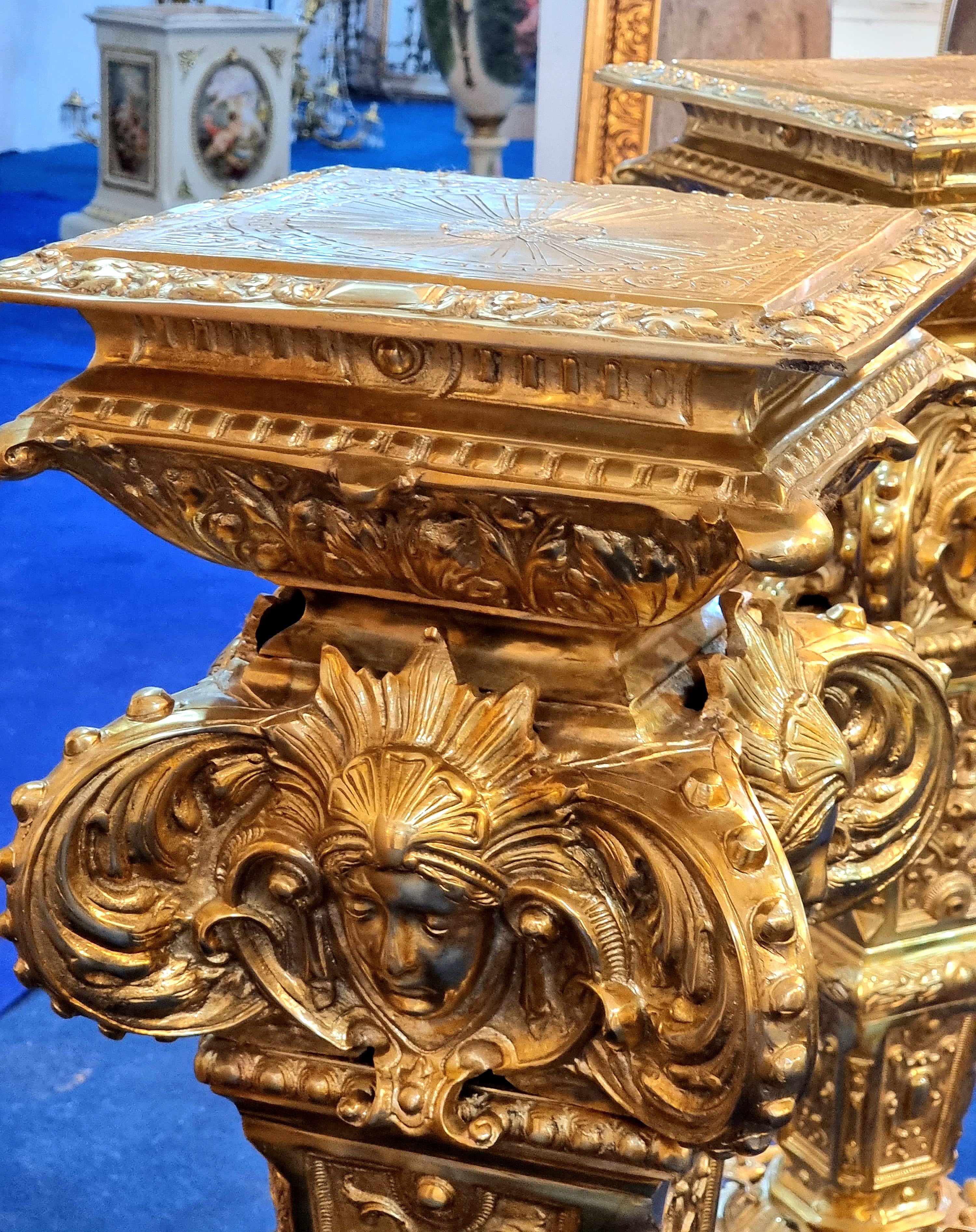 Grand Luxury Gold Leaf Pedestal with Marble Top – Handcrafted Ornate Display Stand with Bronze Details