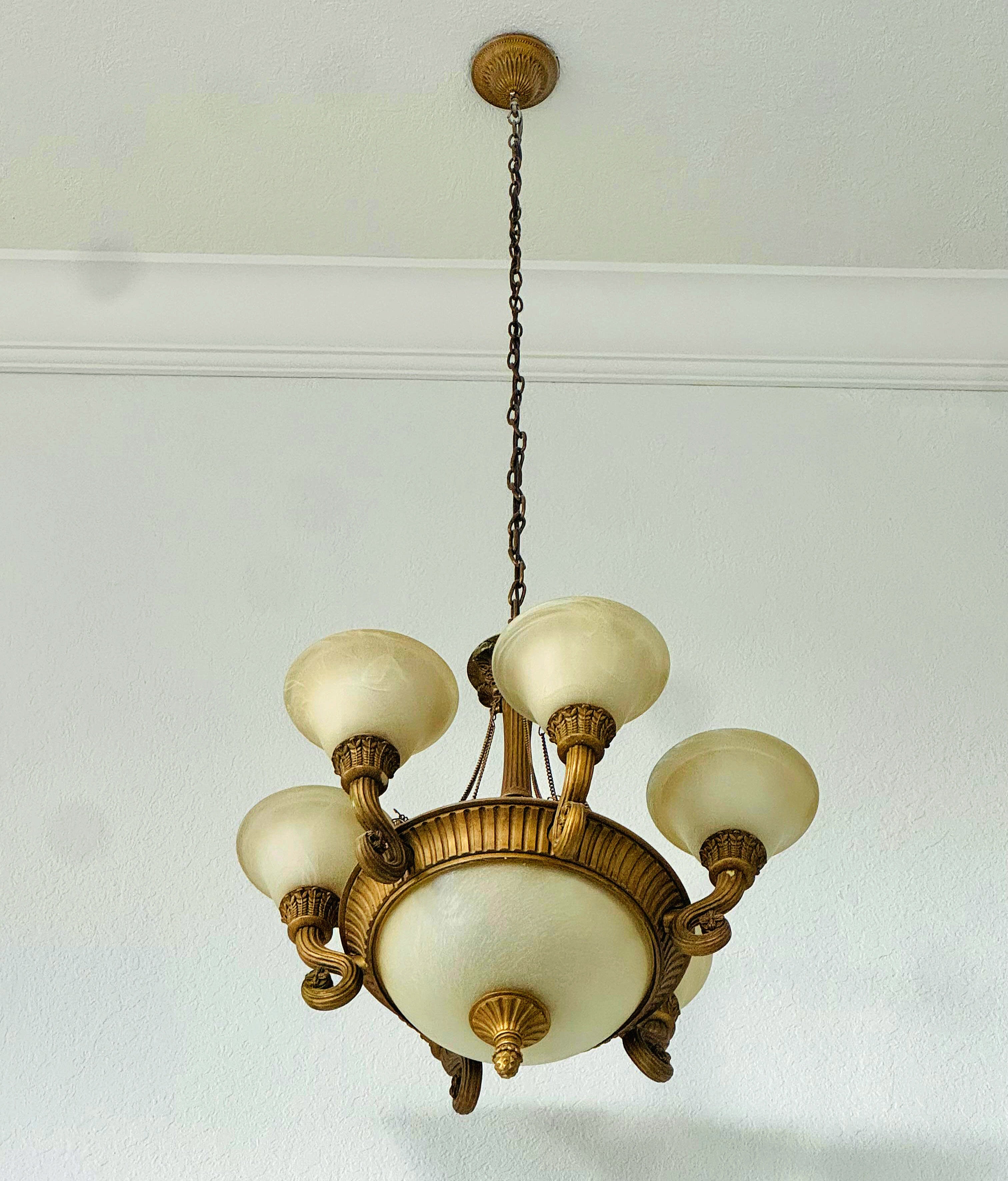French Empire Vintage 26"H Set of 2 (ceiling to bottom 32”) Neoclassical Alabaster & Heavy Gilded Brass Chandelier 9 Bulbs