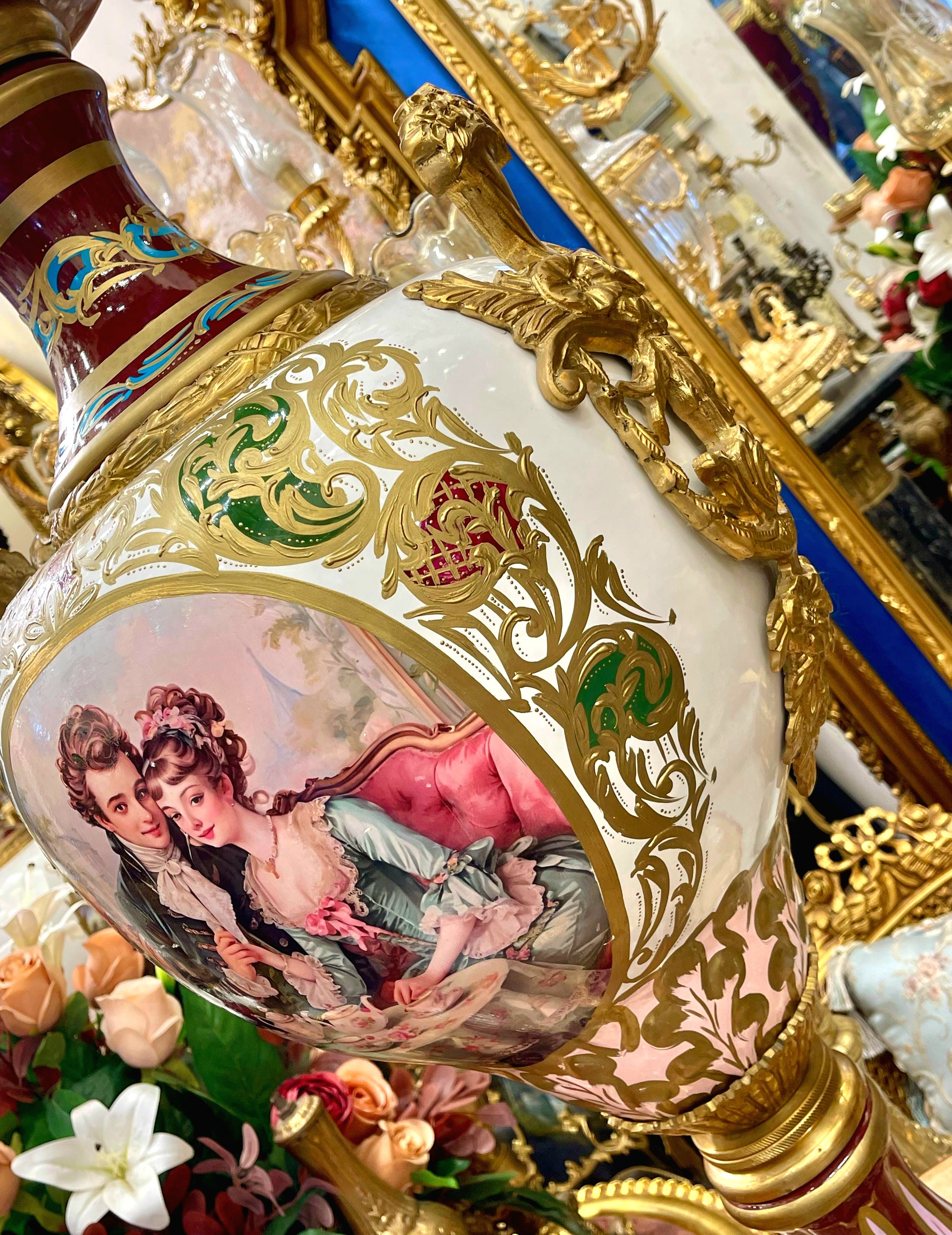 French Porcelain Vase with Romantic Couple Scene & Cherub Finial – Gilt Bronze Mounted Vase