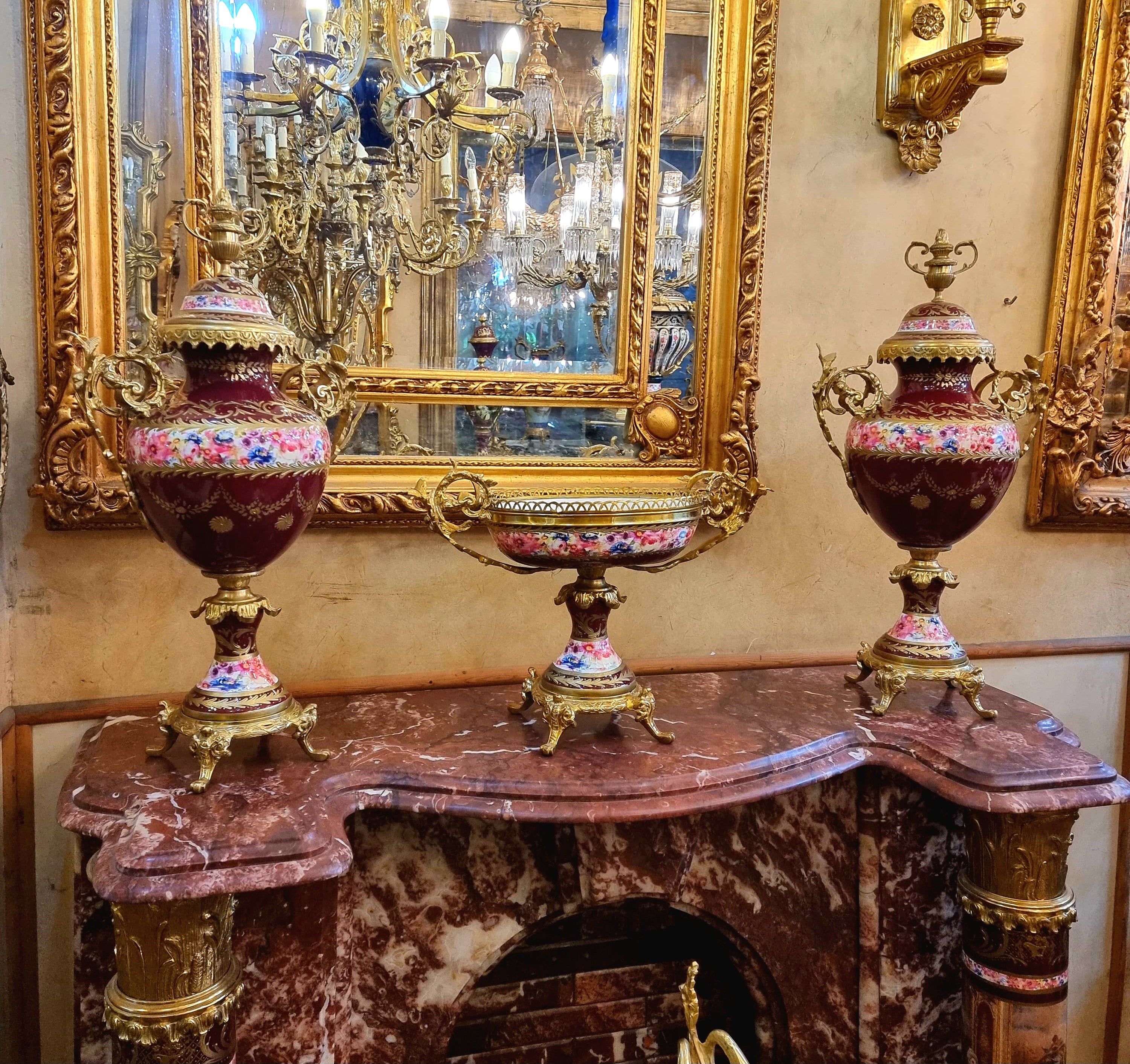 French Louis XV Style Porcelain Garniture Set with Decorative Centerpiece & Matching Floral Vases – 3 Pieces