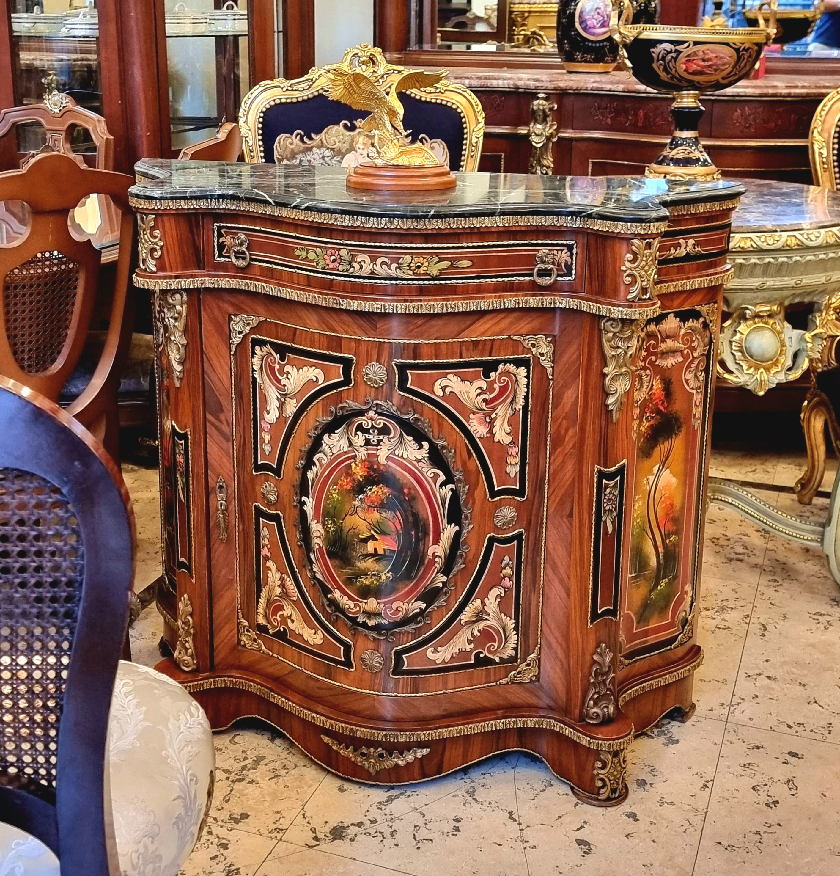 French Louis XVI Brown Commode – Marble Top, Marquetry & Gold Leaf Cabinet