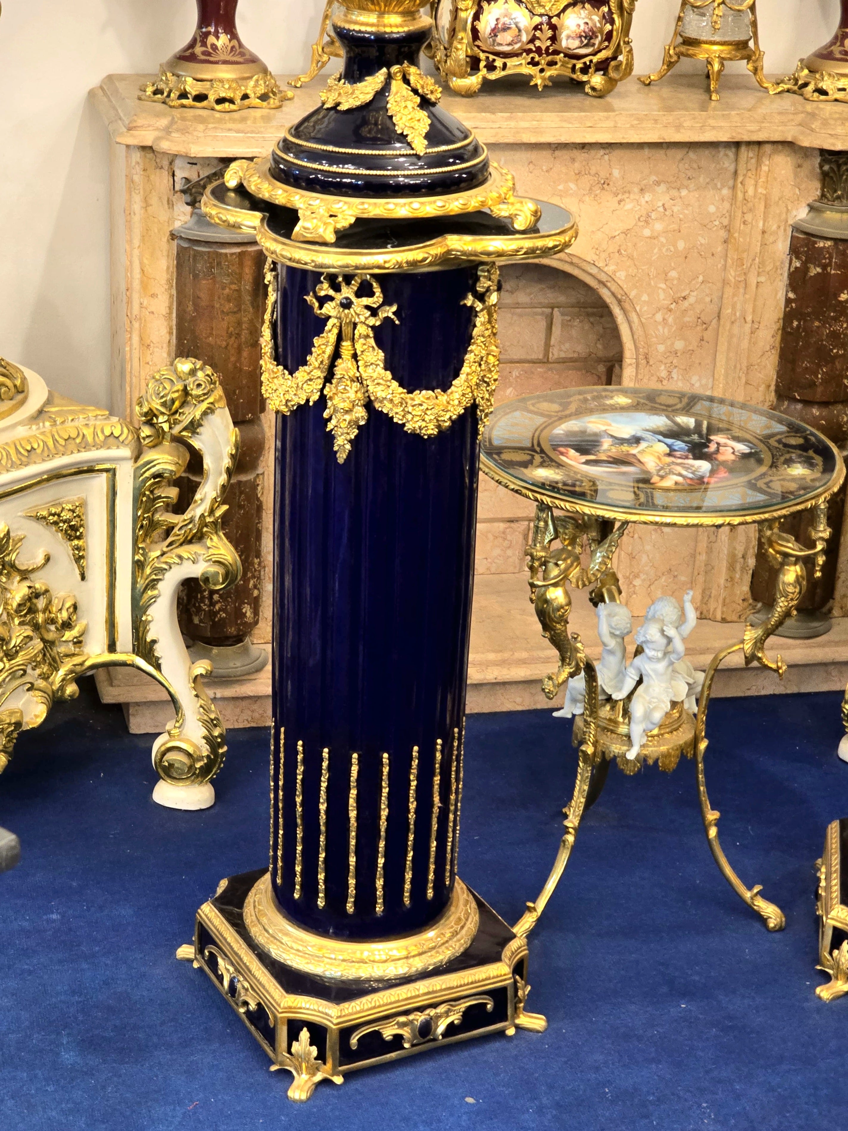 Grand Sevres-Style Midnight Blue Porcelain Vase on Pedestal with Gold Leaf & Bronze Details