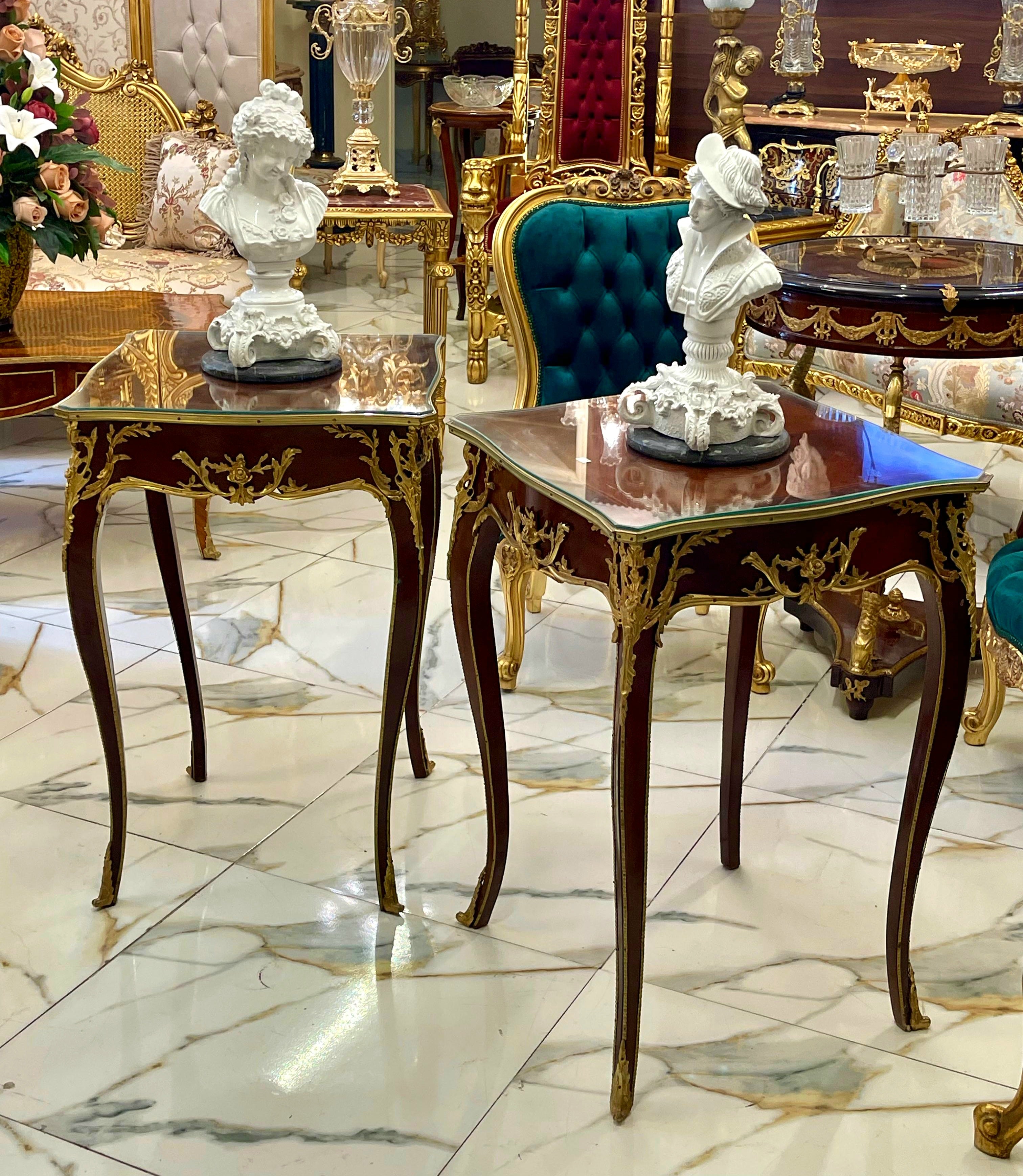 French Accent Side Table with Glass Top, Gold Leaf & Bronze Details