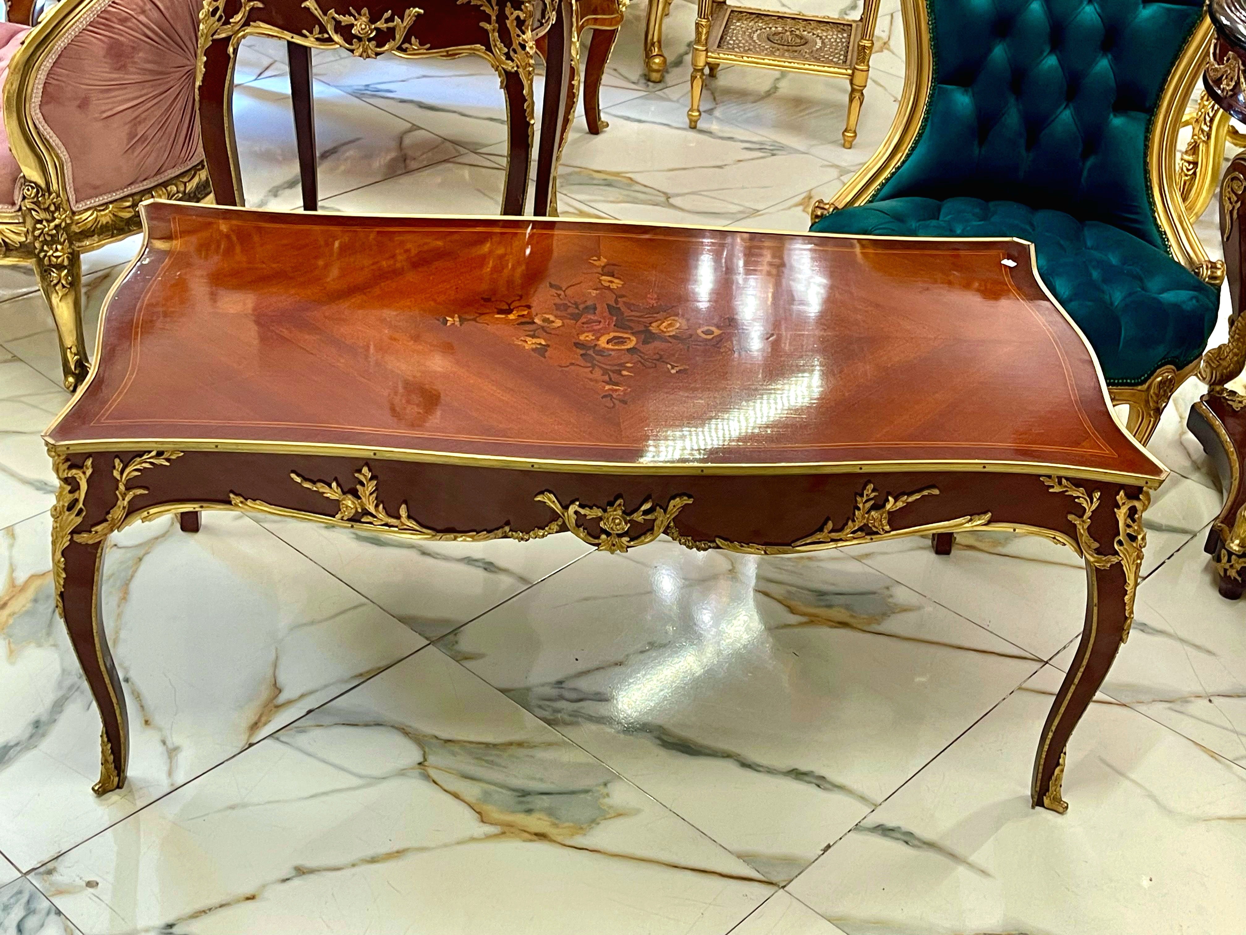 French Style Wooden Coffee Table – Copper Finish with Bronze Accents