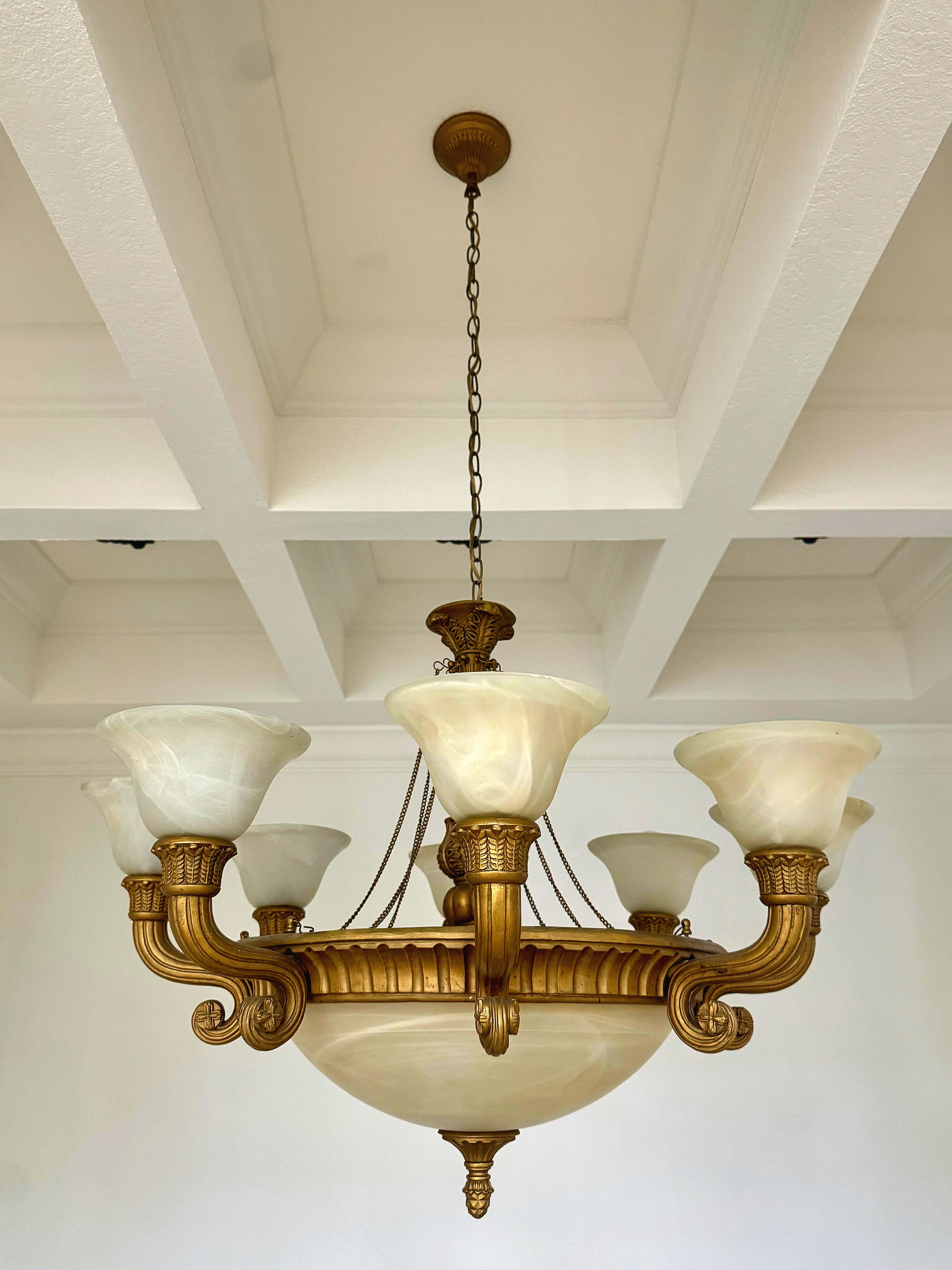 French Empire Vintage 36" Neoclassical Alabaster & Heavy Gilded Brass Chandelier 11 Bulbs