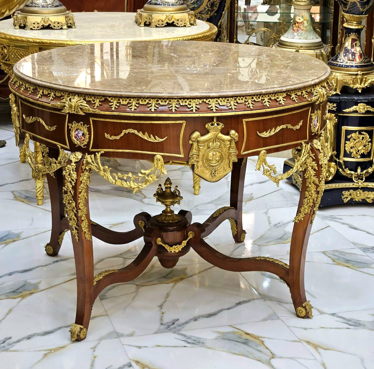 Victorian French Style Center Table – Wood Base with Gold Leaf Details & Glass Top, Marble Look Design