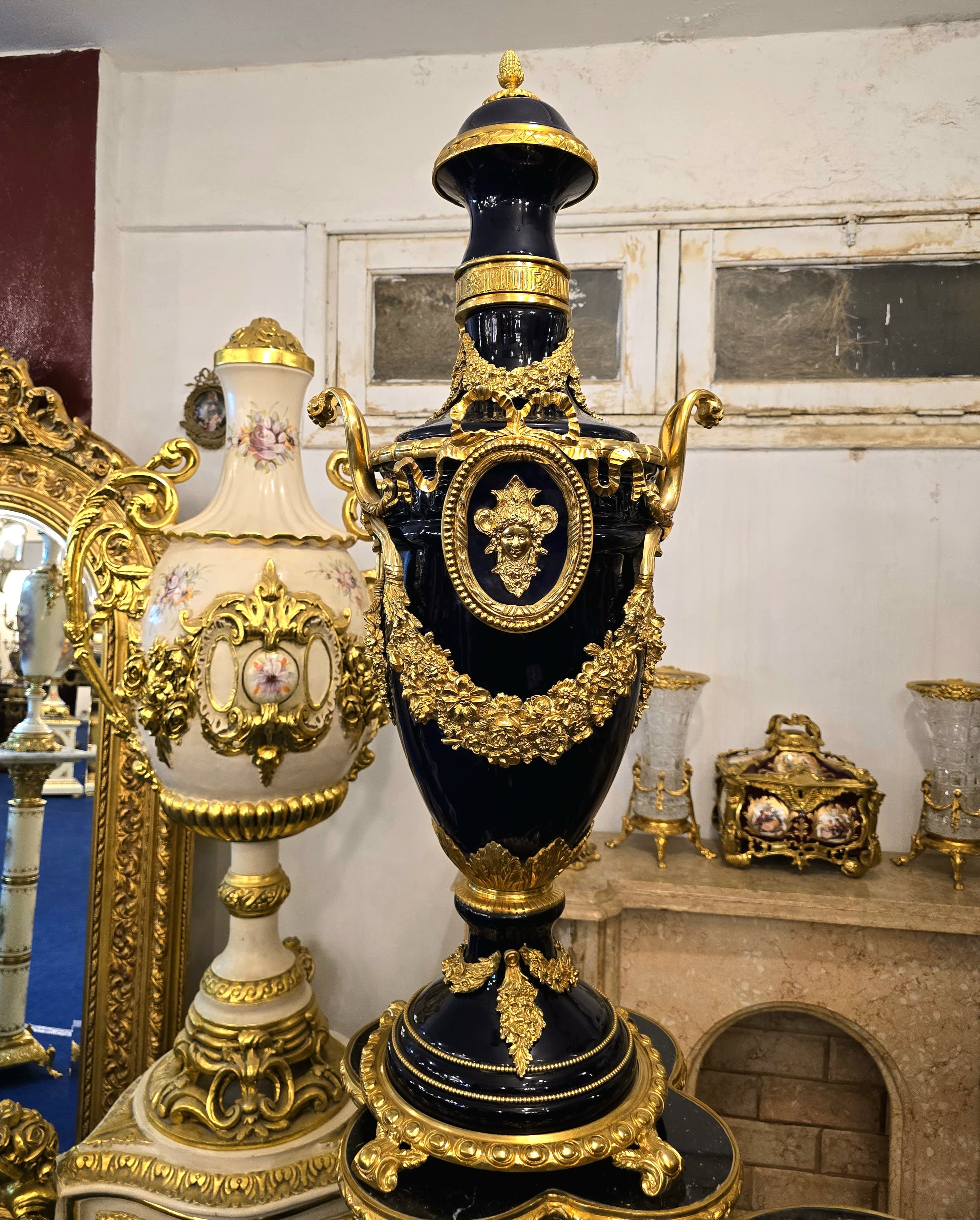 Grand Sevres-Style Midnight Blue Porcelain Vase on Pedestal with Gold Leaf & Bronze Details