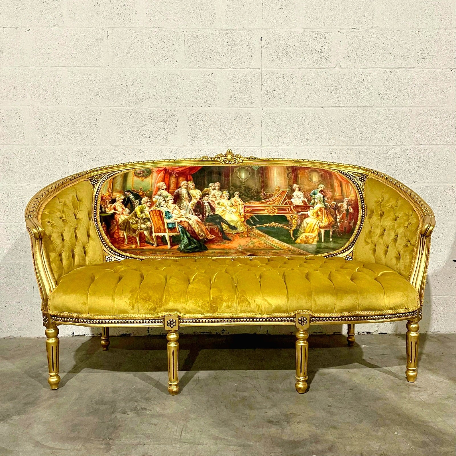 French Tufted Mustard Sofa – Victorian Scene Upholstery, Gold Leaf, Baroque Style, Luxury Vintage French Furniture