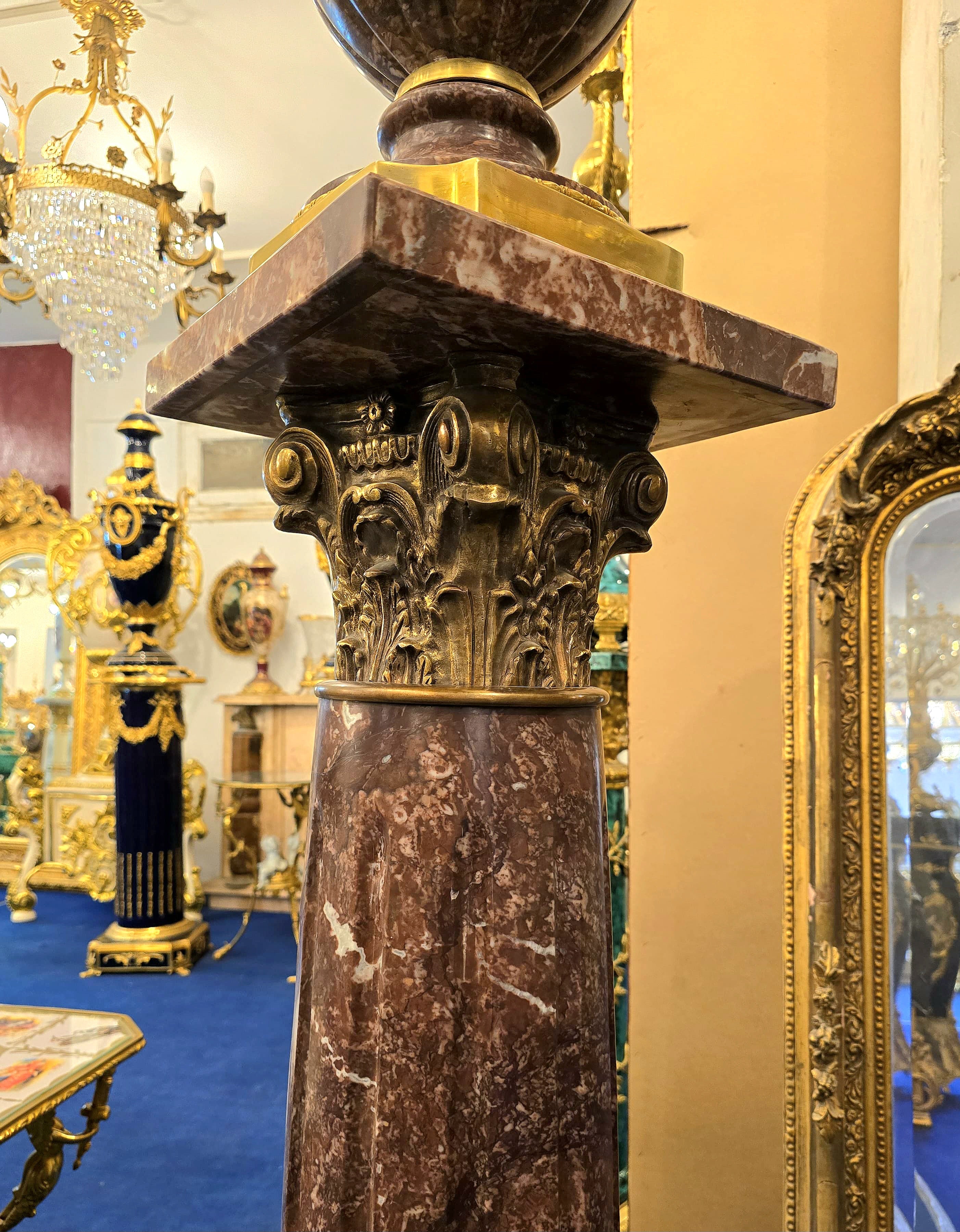 Magnificent Louis XVI-Style Porcelain Pedestal Centerpiece with Floral Gold Leaf Details & Gilded Bronze Accents