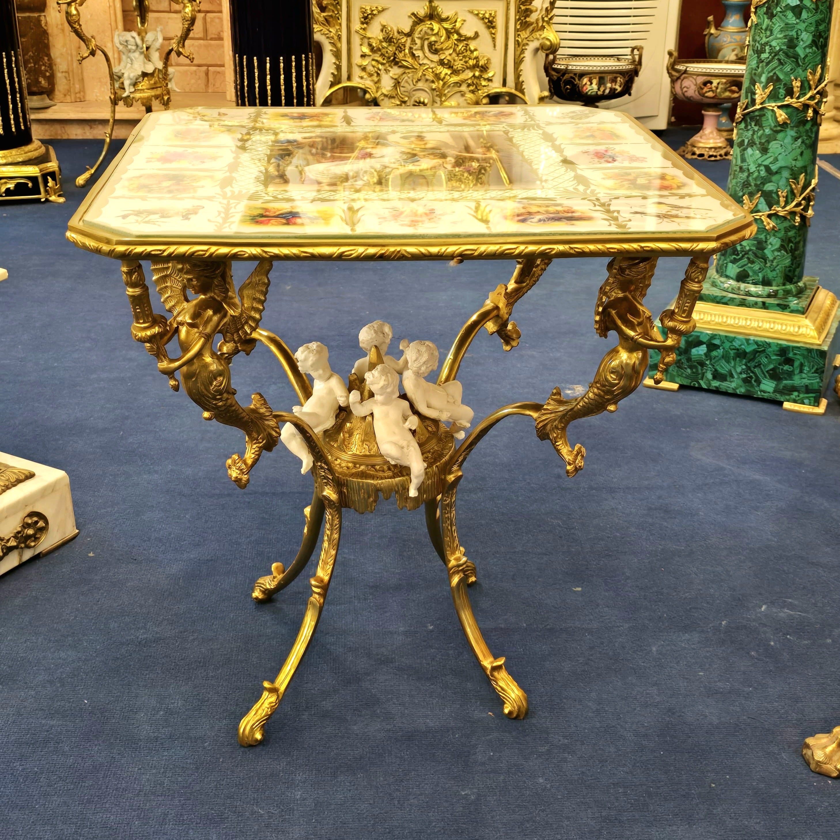 Romantic French Style Coffee Table with Cherub Artwork, Bronze Accents & Gold Leaf Details