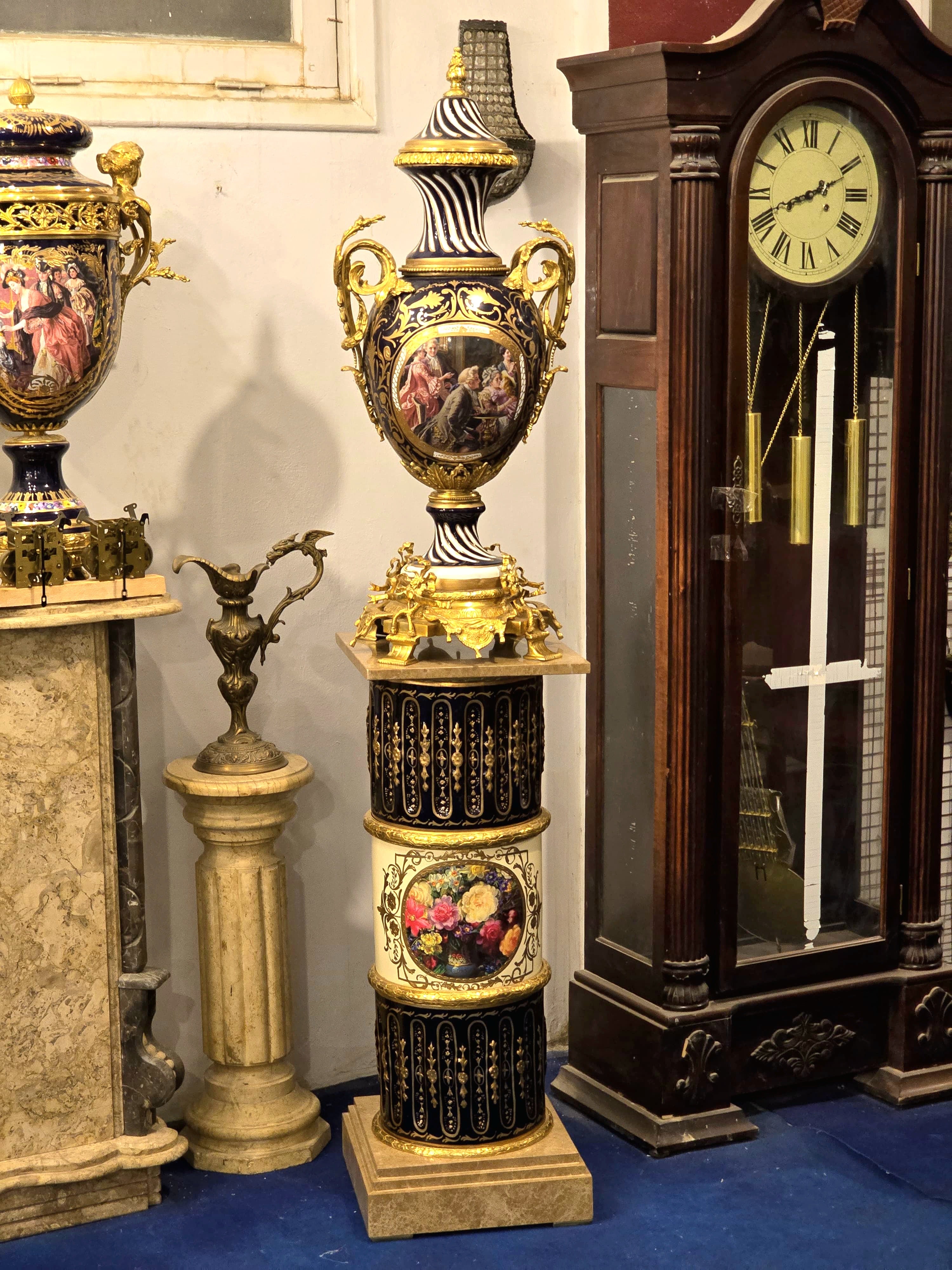 Grand Baroque-Style Black Porcelain Vase with Marble Pedestal & Gold Leaf Details