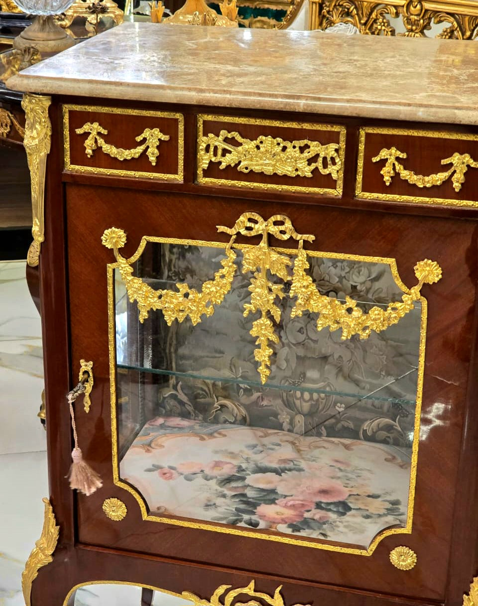 Louis XV Marquetry Bedside Cabinet with Floral Damask Interior & Marble Top